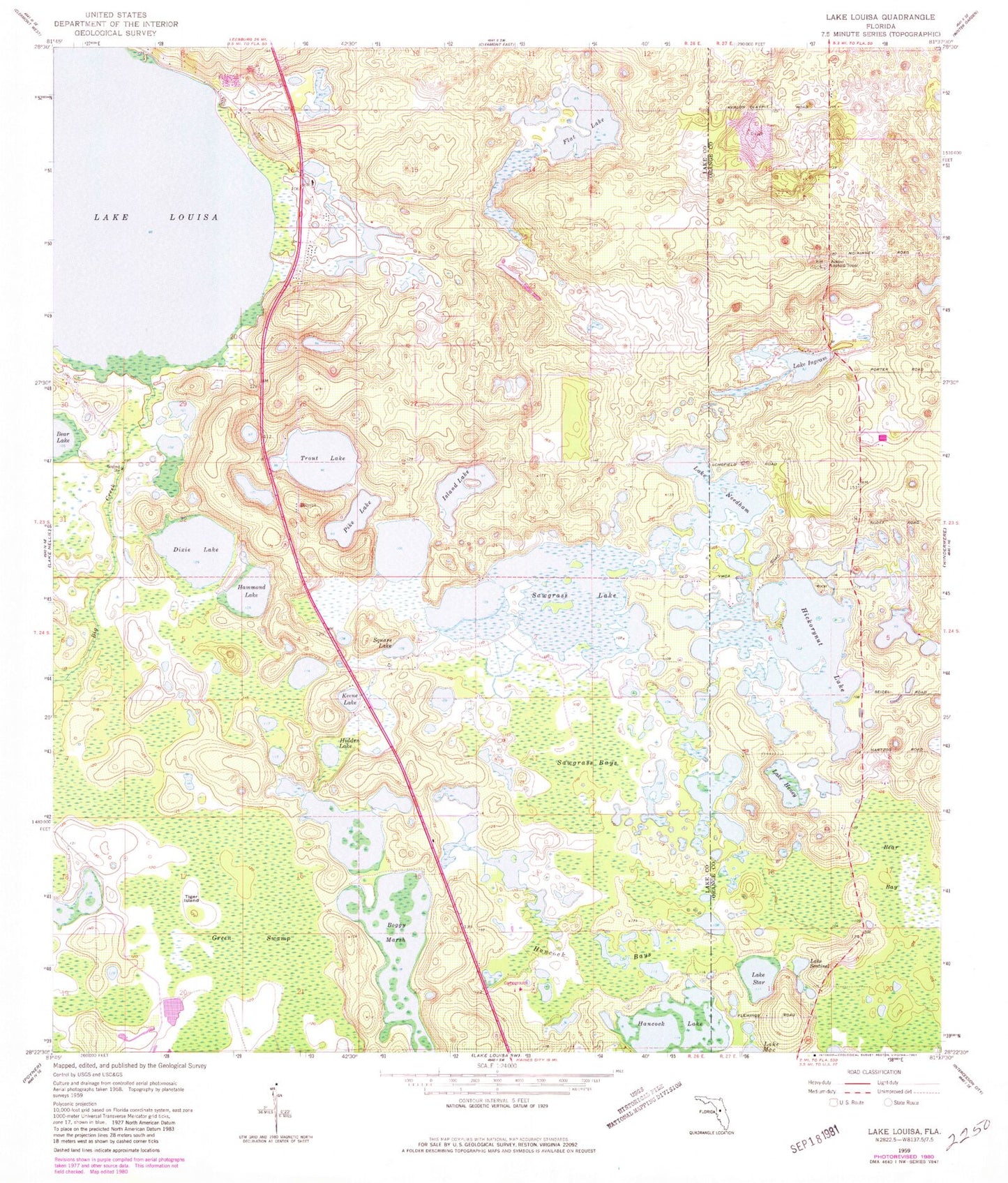 Classic USGS Lake Louisa Florida 7.5'x7.5' Topo Map Image