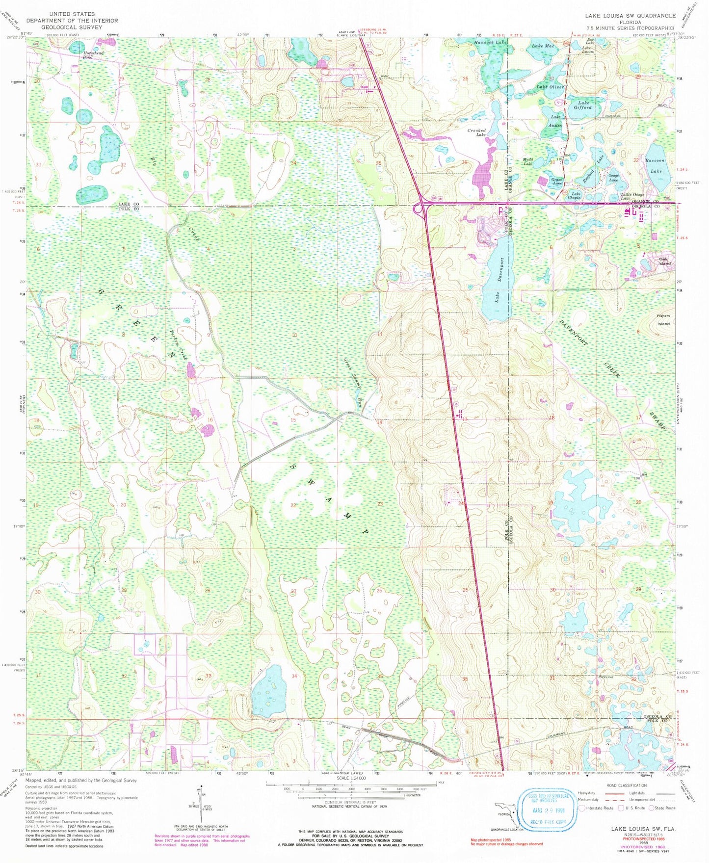 Classic USGS Lake Louisa SW Florida 7.5'x7.5' Topo Map Image