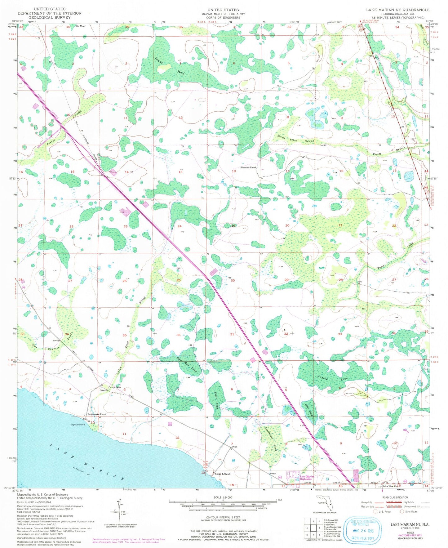 Classic USGS Lake Marian NE Florida 7.5'x7.5' Topo Map Image