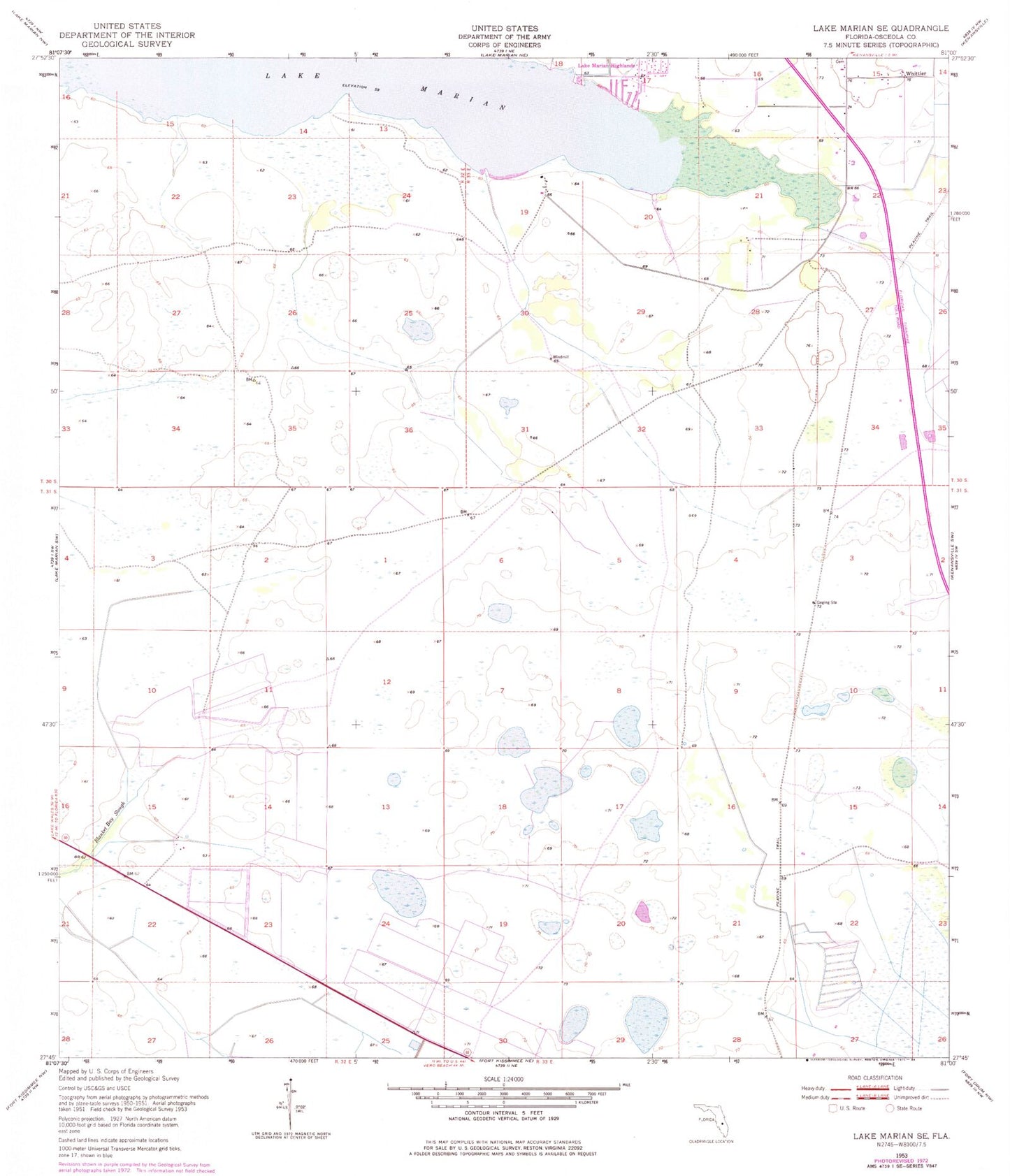 Classic USGS Lake Marian SE Florida 7.5'x7.5' Topo Map Image