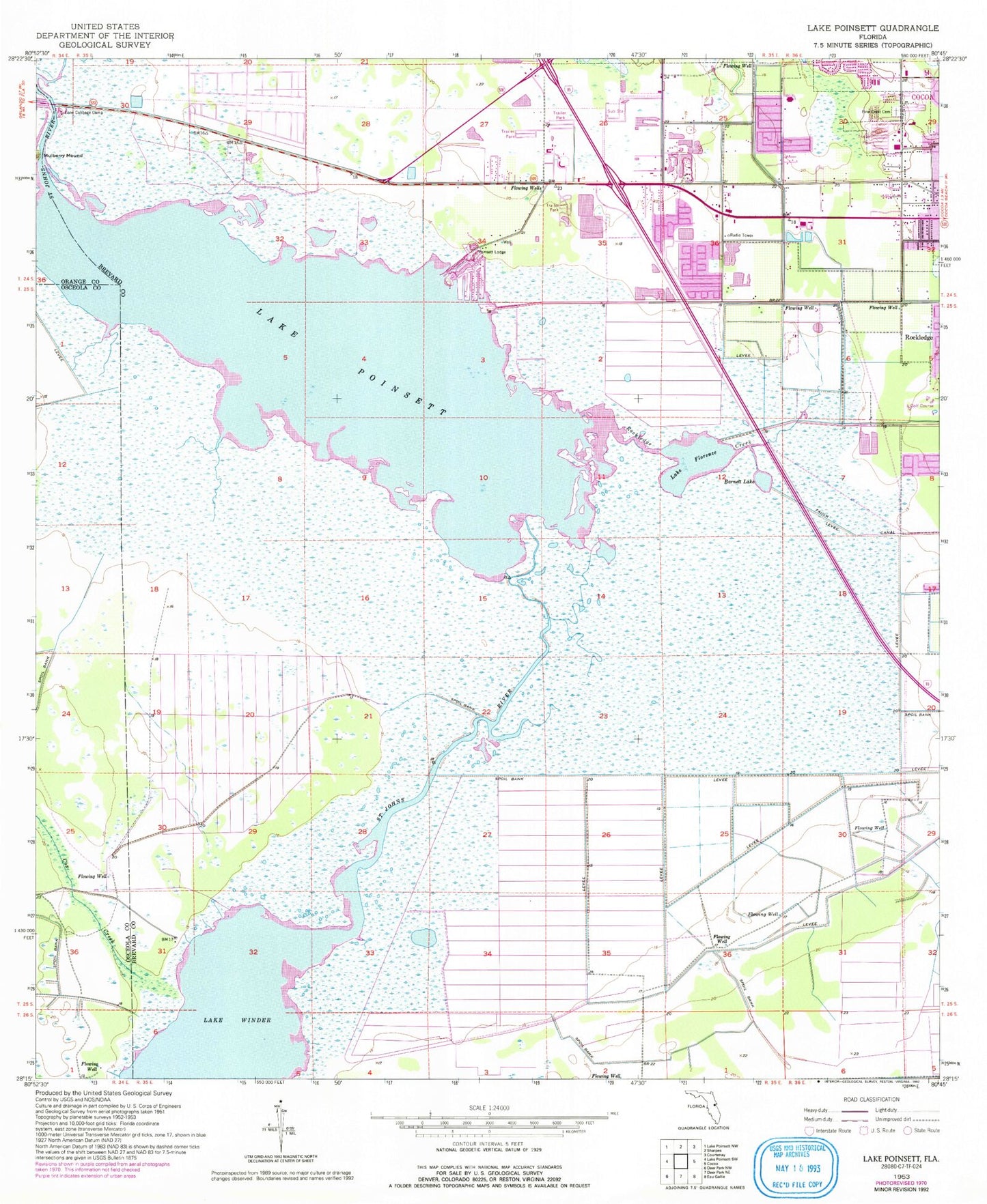 Classic USGS Lake Poinsett Florida 7.5'x7.5' Topo Map Image