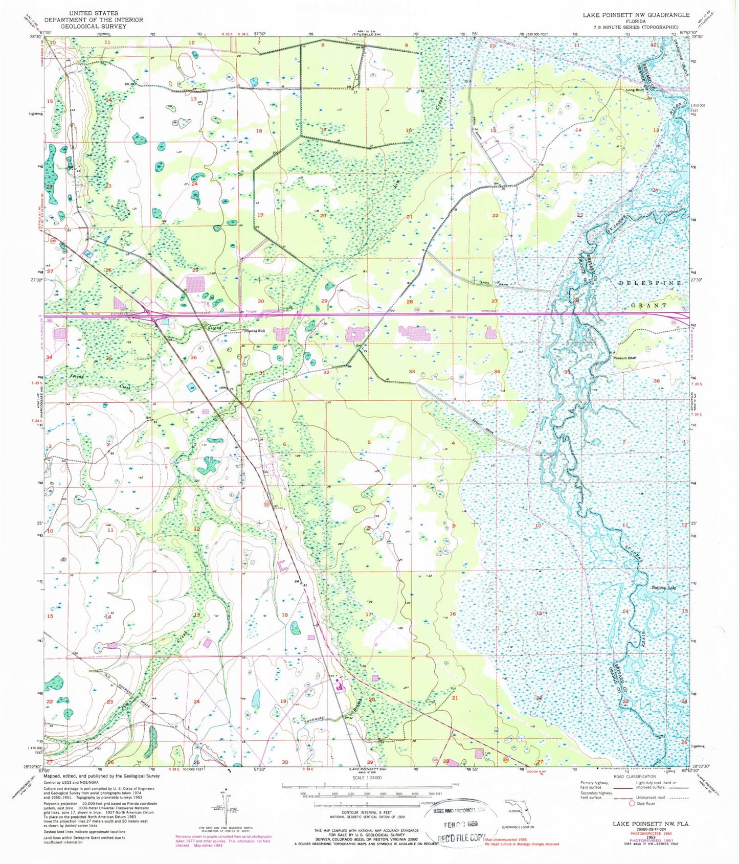Classic USGS Lake Poinsett NW Florida 7.5'x7.5' Topo Map Image