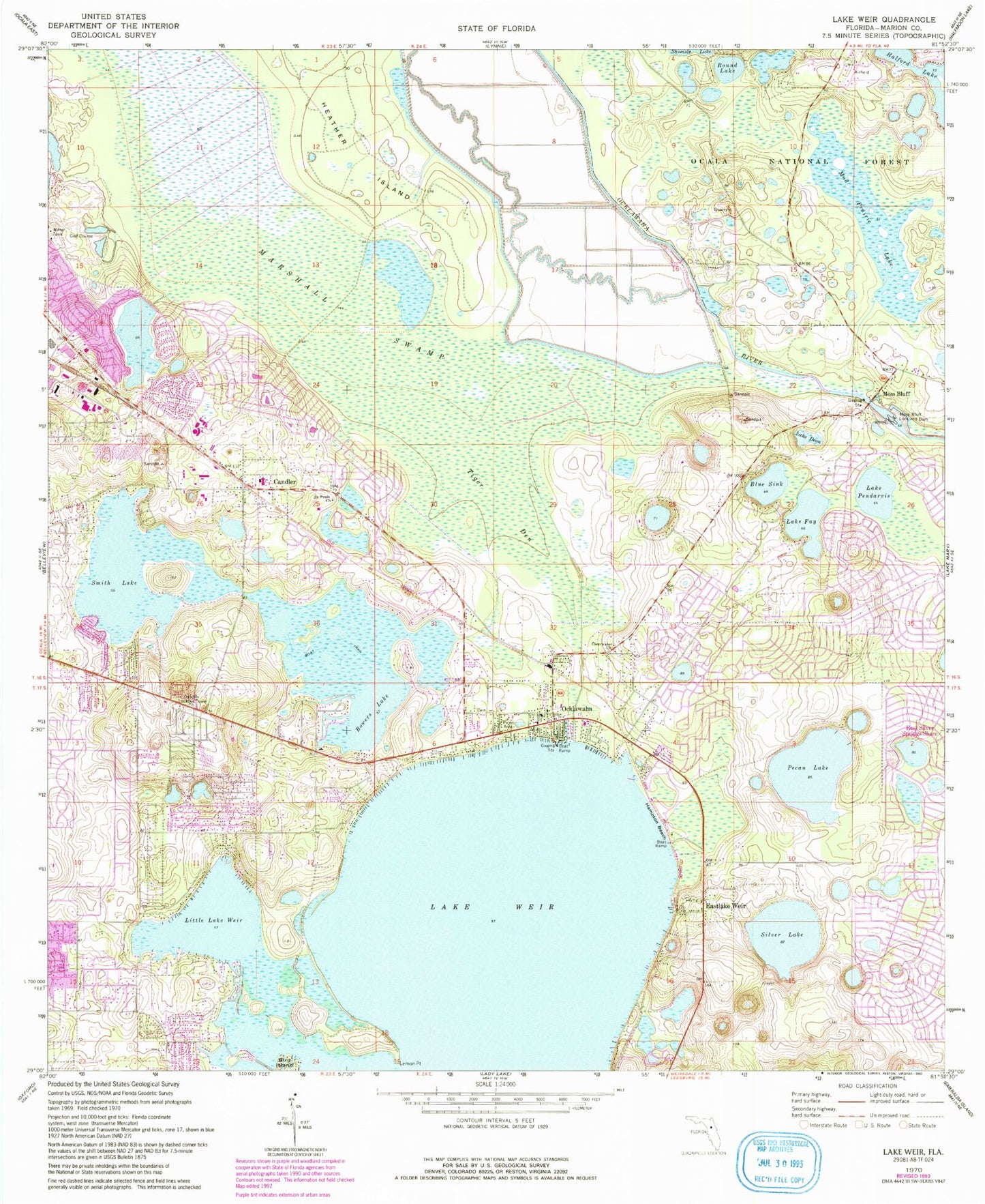 Classic USGS Lake Weir Florida 7.5'x7.5' Topo Map Image