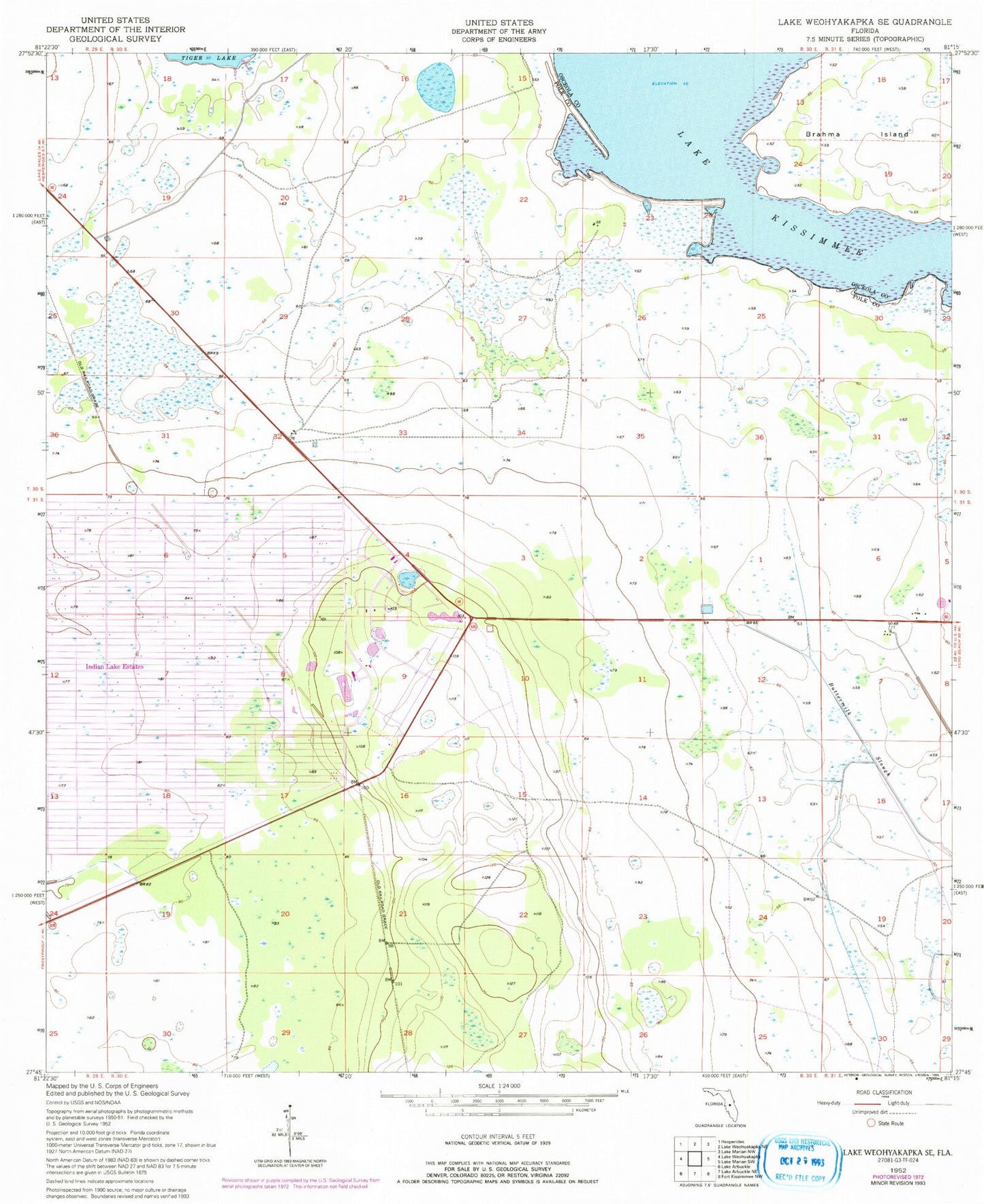 Classic USGS Lake Weohyakapka SE Florida 7.5'x7.5' Topo Map Image