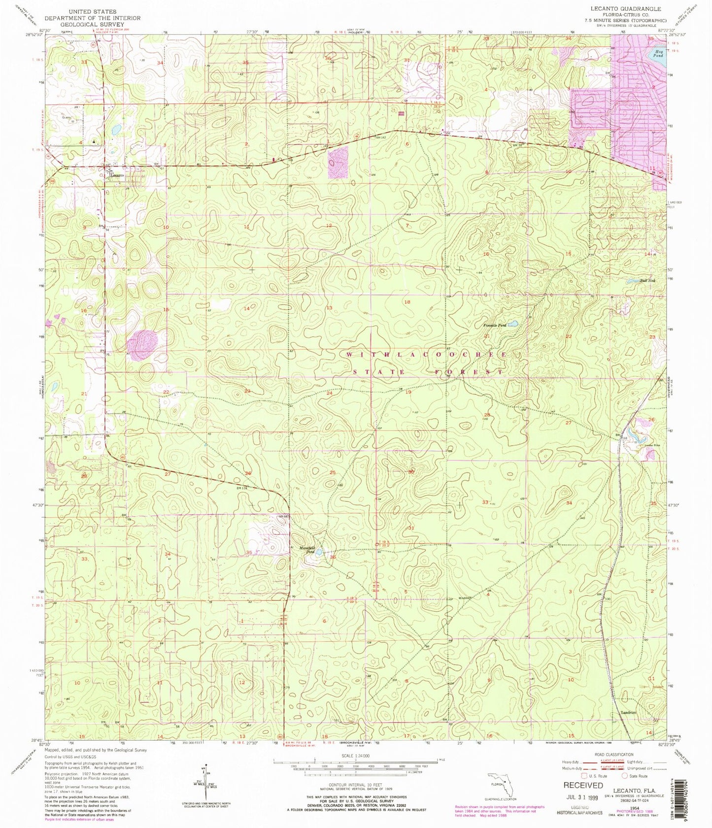 Classic USGS Lecanto Florida 7.5'x7.5' Topo Map Image