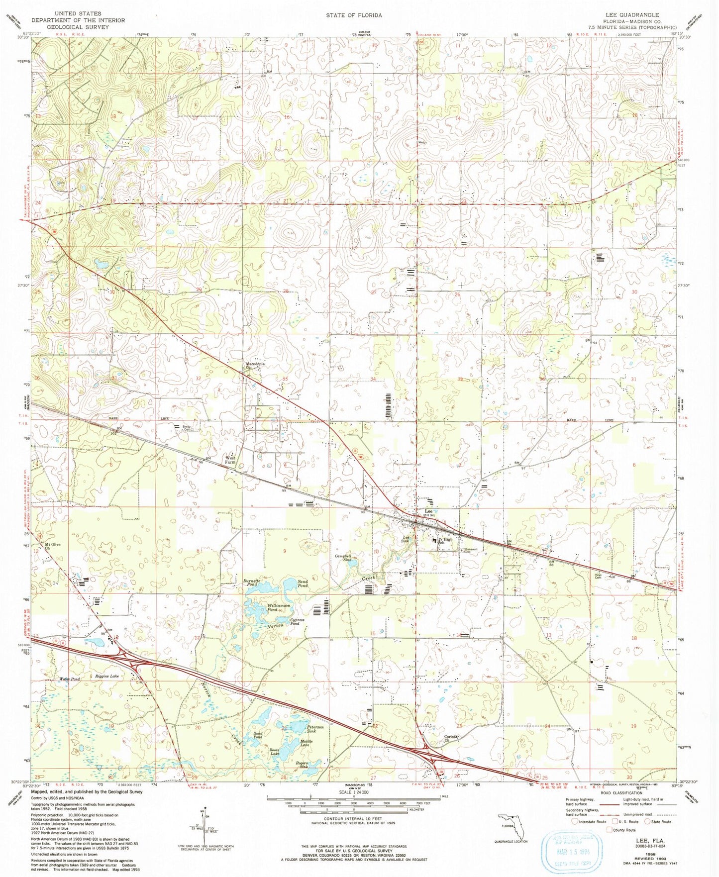 Classic USGS Lee Florida 7.5'x7.5' Topo Map Image