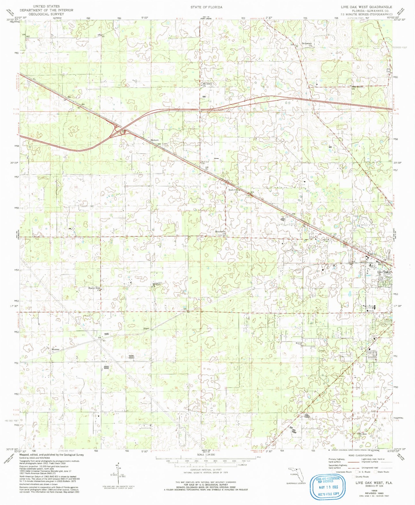 Classic USGS Live Oak West Florida 7.5'x7.5' Topo Map Image