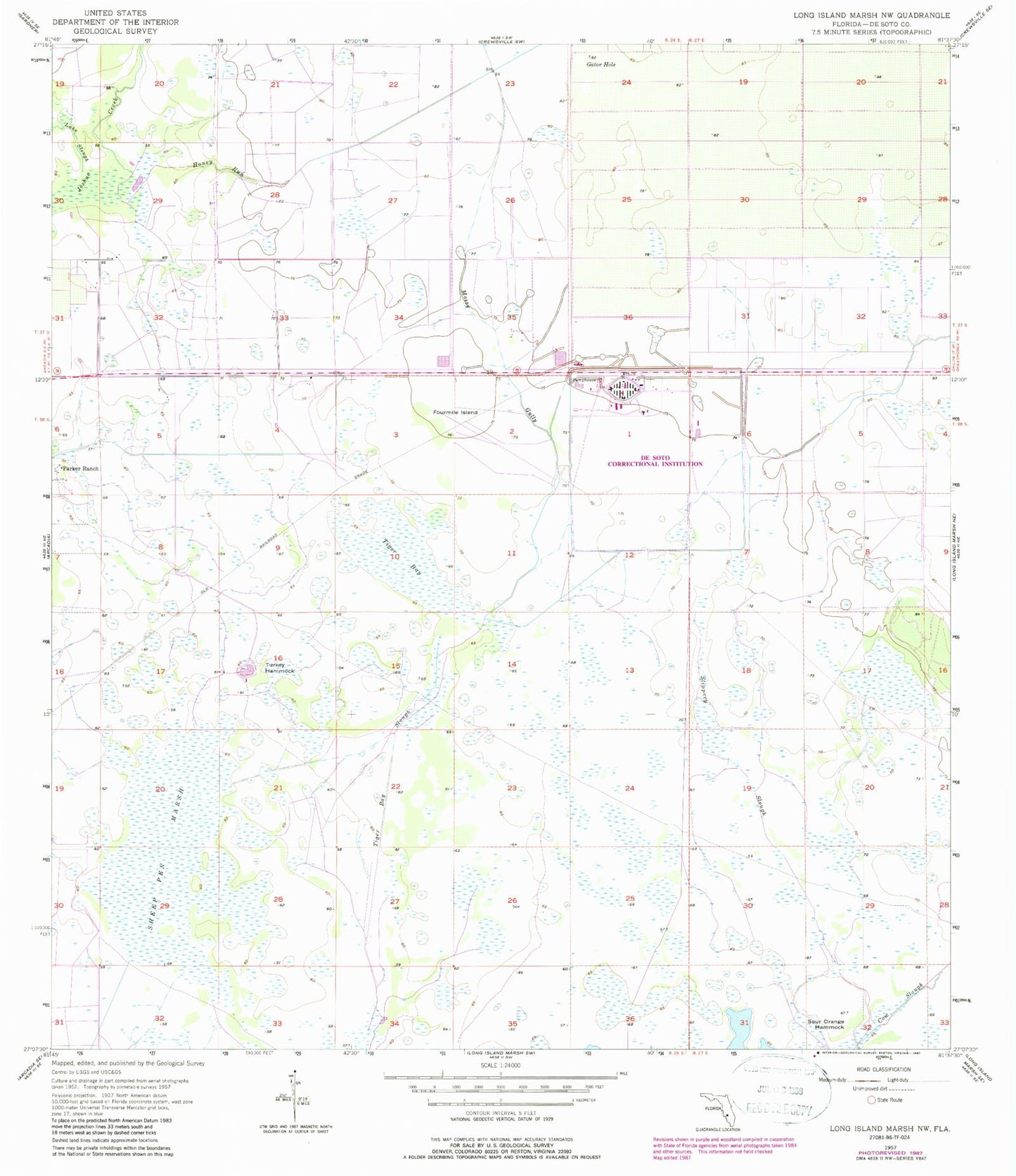 Classic USGS Long Island Marsh NW Florida 7.5'x7.5' Topo Map Image