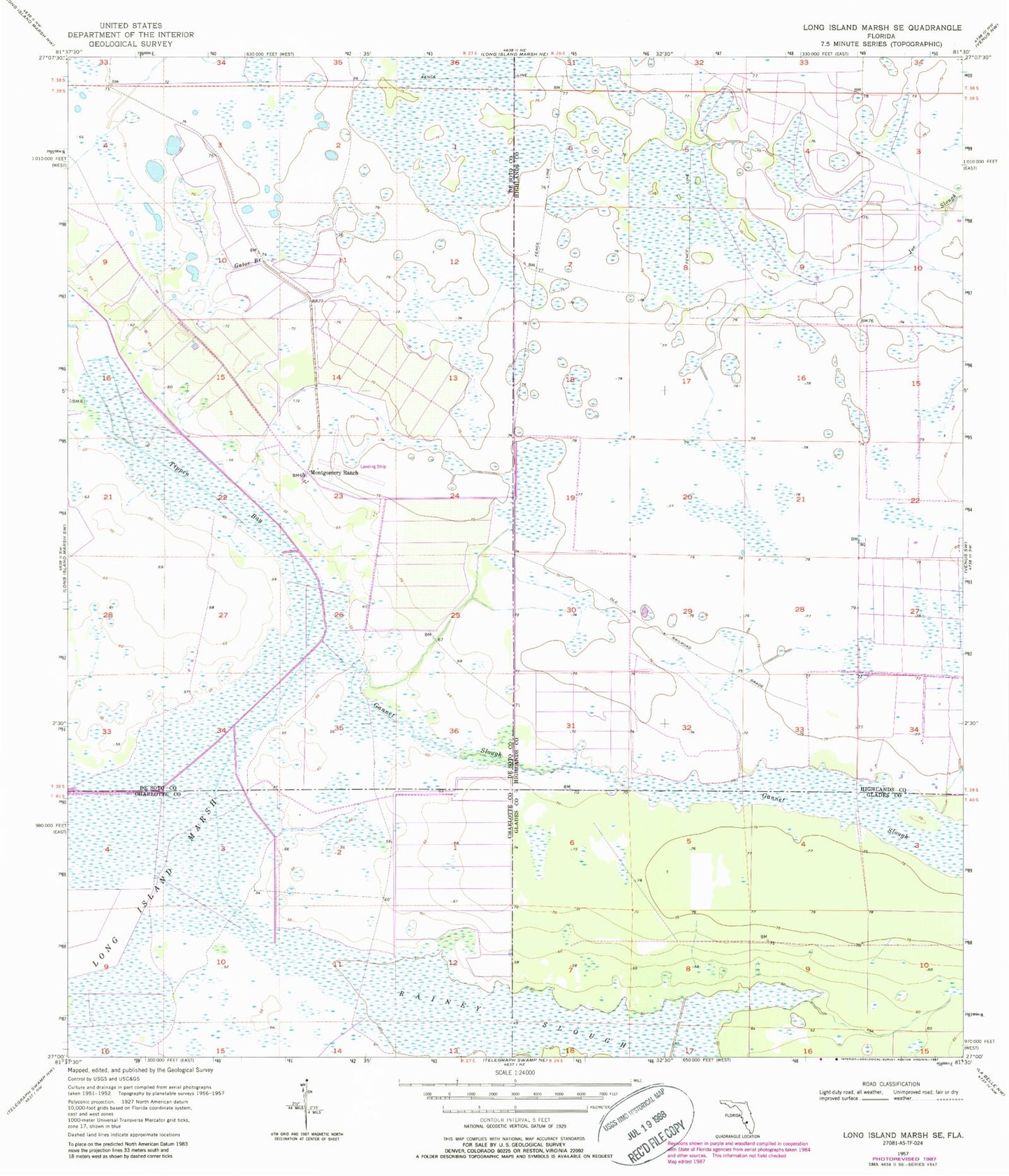 Classic USGS Long Island Marsh SE Florida 7.5'x7.5' Topo Map Image