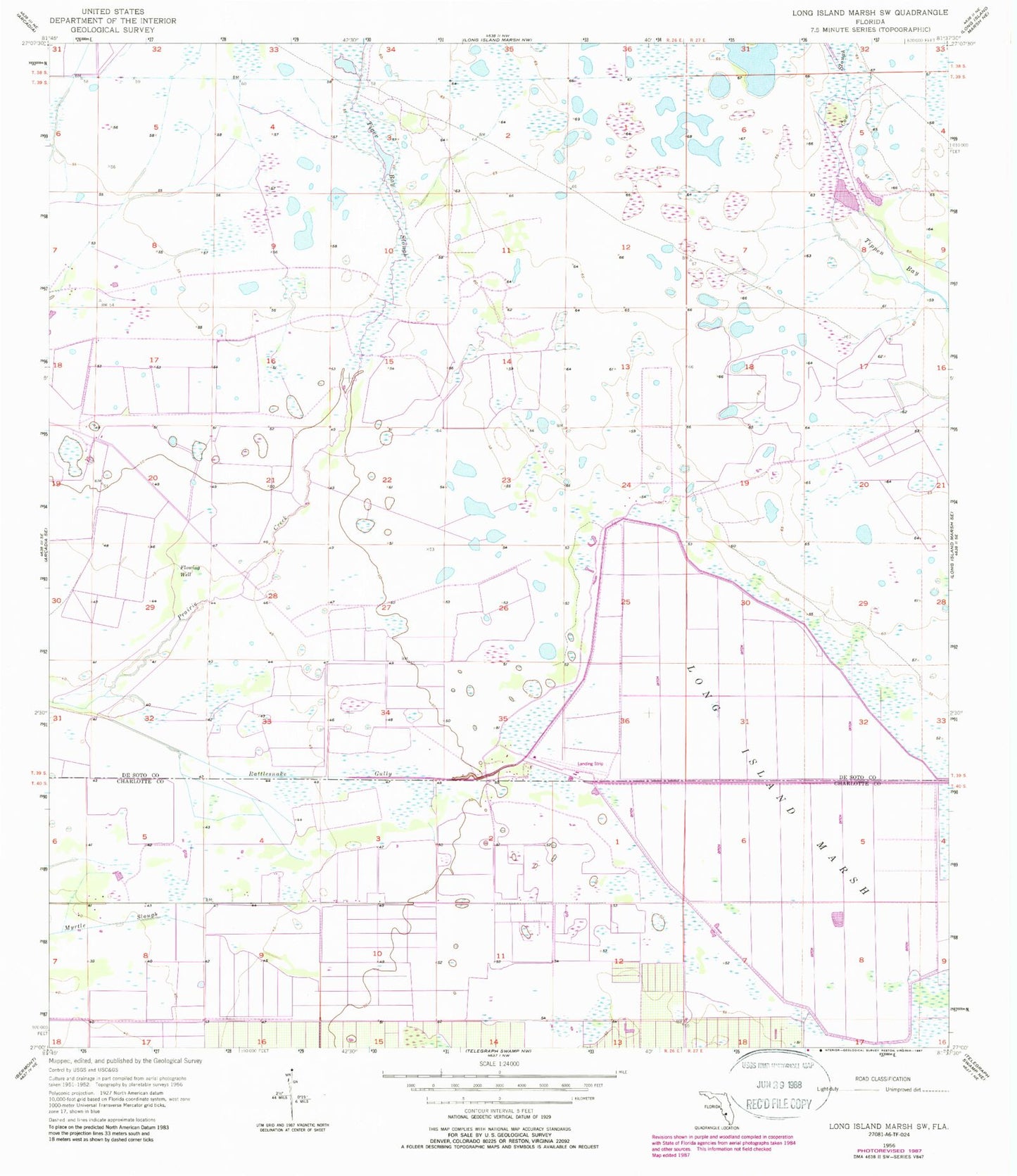 Classic USGS Long Island Marsh SW Florida 7.5'x7.5' Topo Map Image
