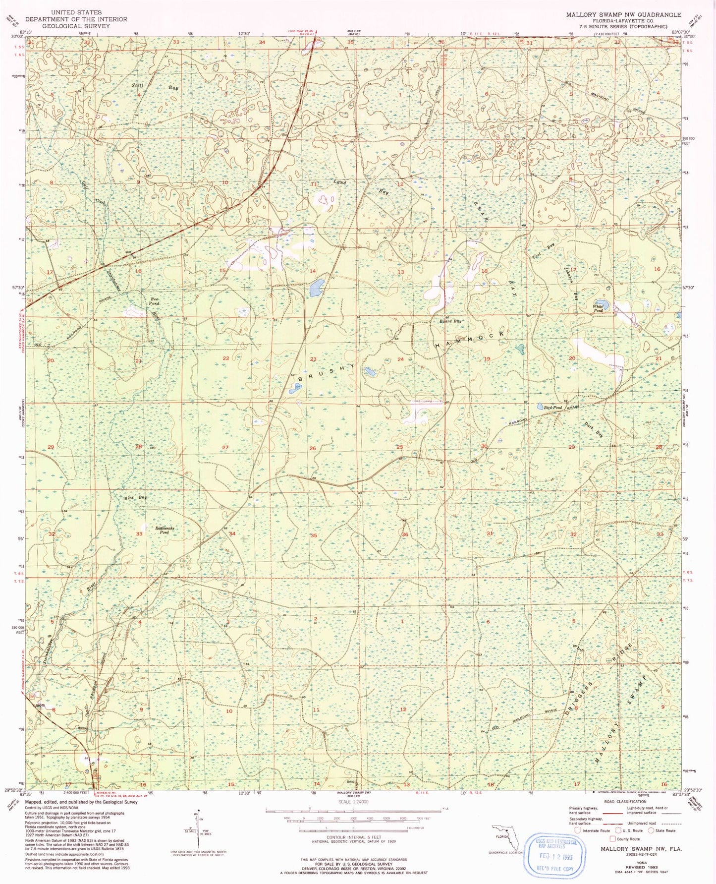 Classic USGS Mallory Swamp NW Florida 7.5'x7.5' Topo Map Image