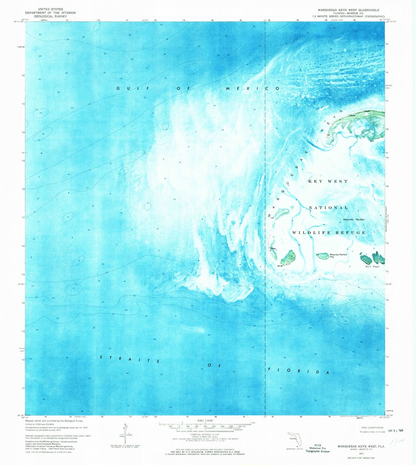 Classic USGS Marquesas Keys West Florida 7.5'x7.5' Topo Map Image
