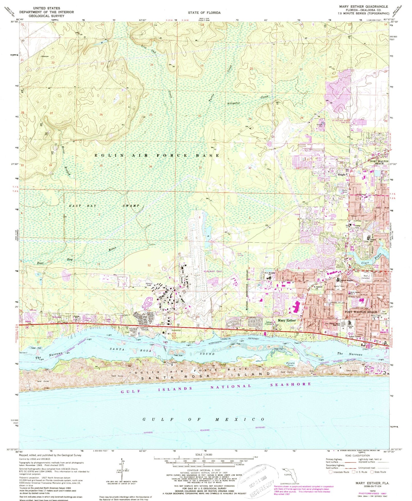 Classic USGS Mary Esther Florida 7.5'x7.5' Topo Map Image