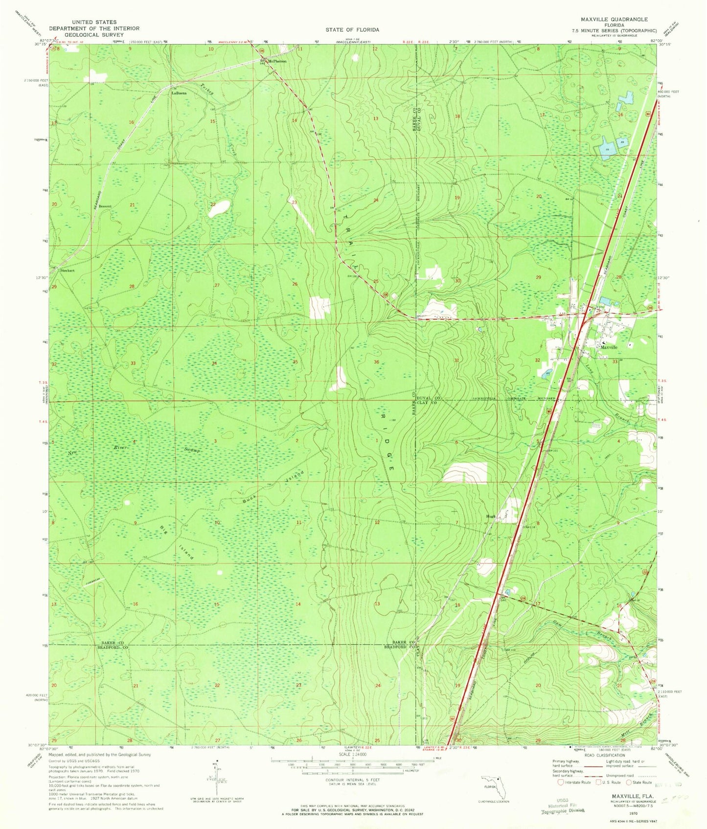 Classic USGS Maxville Florida 7.5'x7.5' Topo Map Image