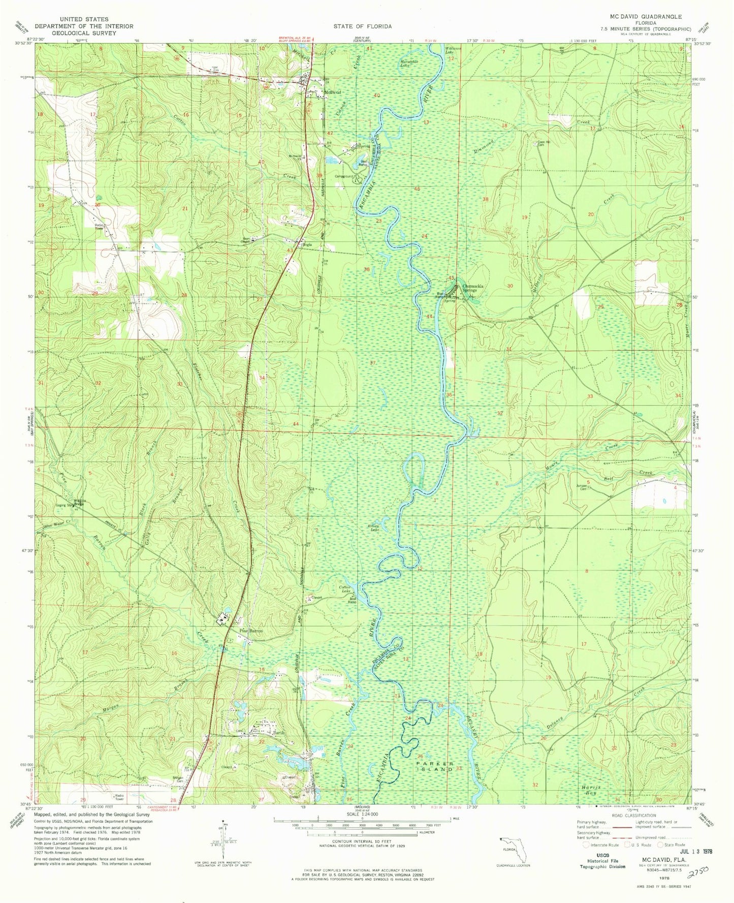 Classic USGS McDavid Florida 7.5'x7.5' Topo Map Image