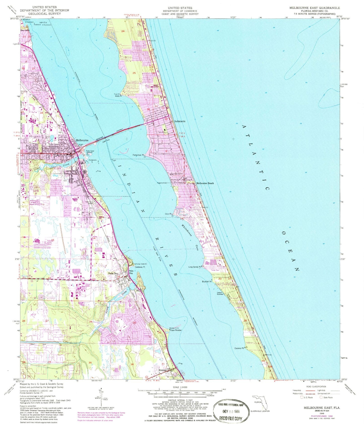 Classic USGS Melbourne East Florida 7.5'x7.5' Topo Map Image