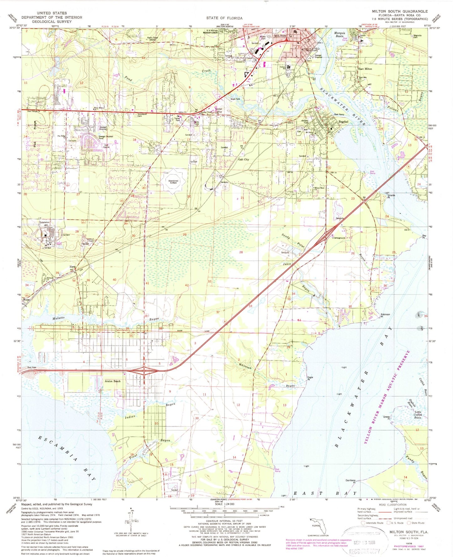 Classic USGS Milton South Florida 7.5'x7.5' Topo Map Image
