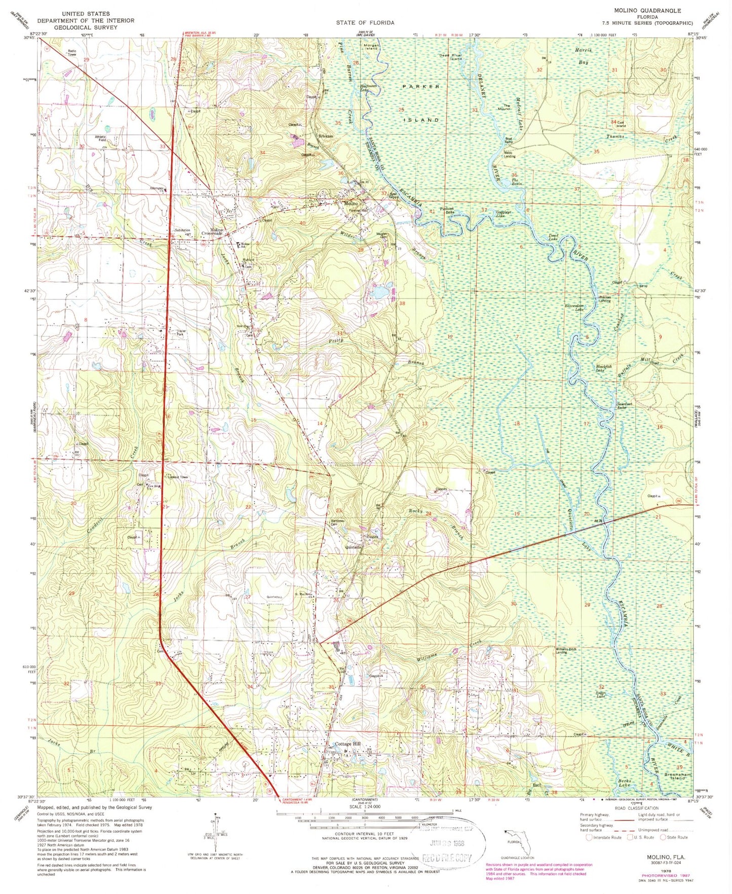 Classic USGS Molino Florida 7.5'x7.5' Topo Map Image