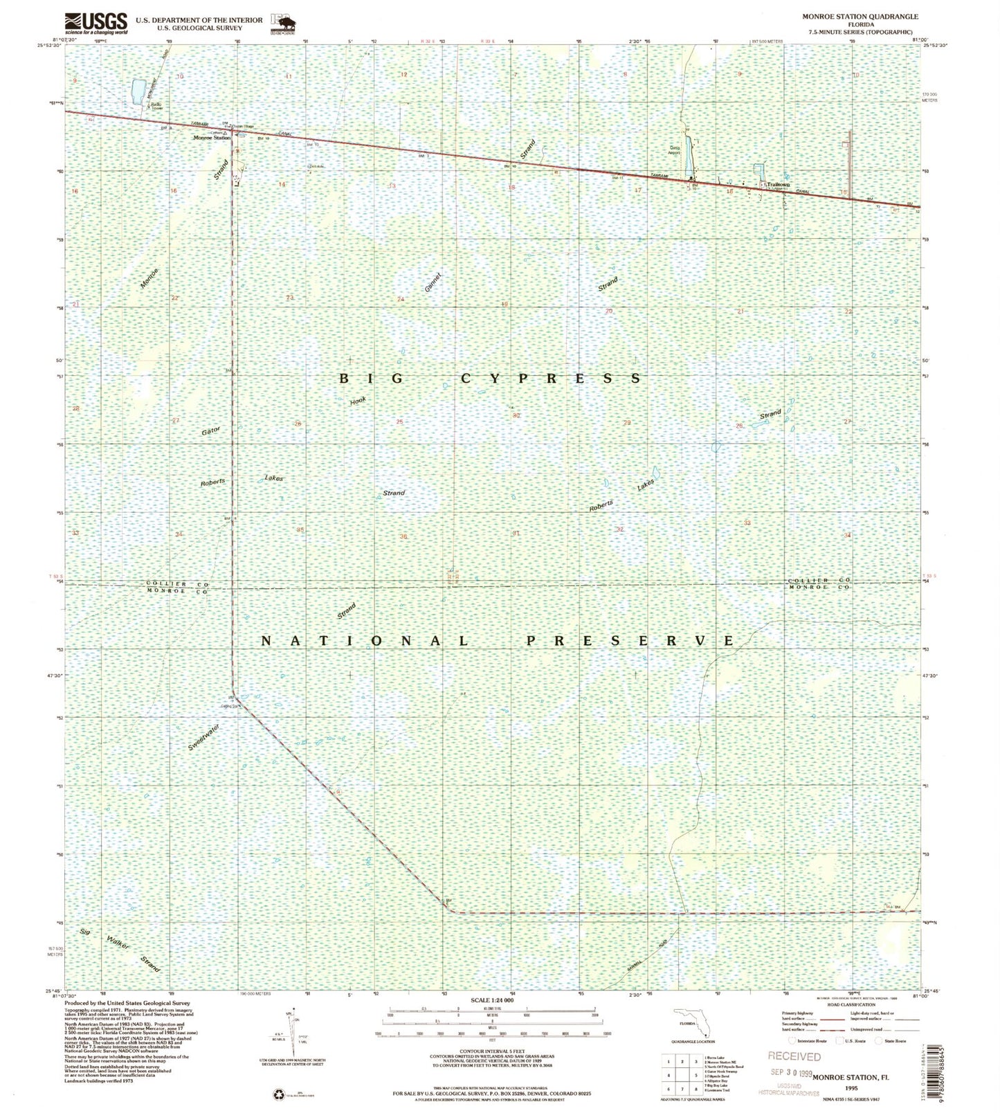 Classic USGS Monroe Station Florida 7.5'x7.5' Topo Map Image