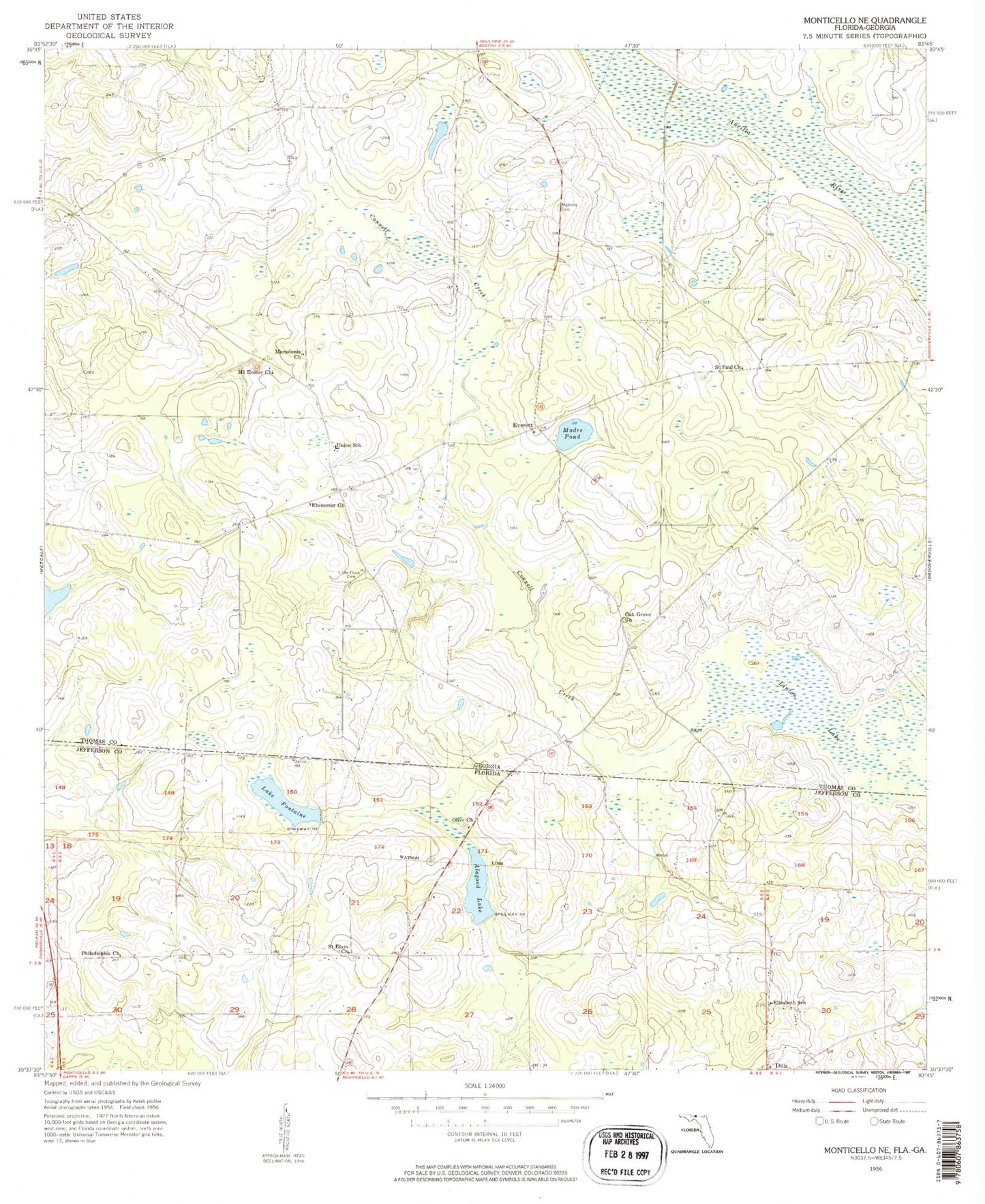 Classic USGS Monticello NE Florida 7.5'x7.5' Topo Map Image