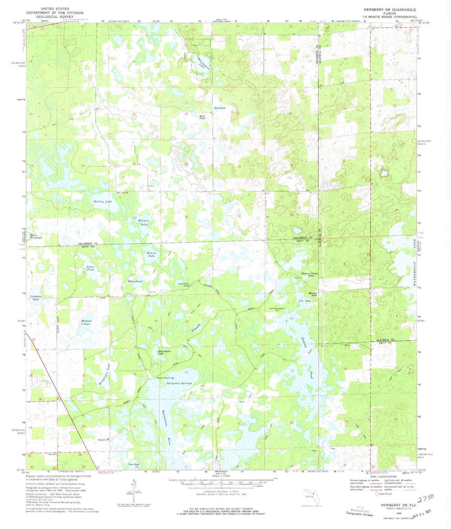 Classic USGS Newberry SW Florida 7.5'x7.5' Topo Map Image