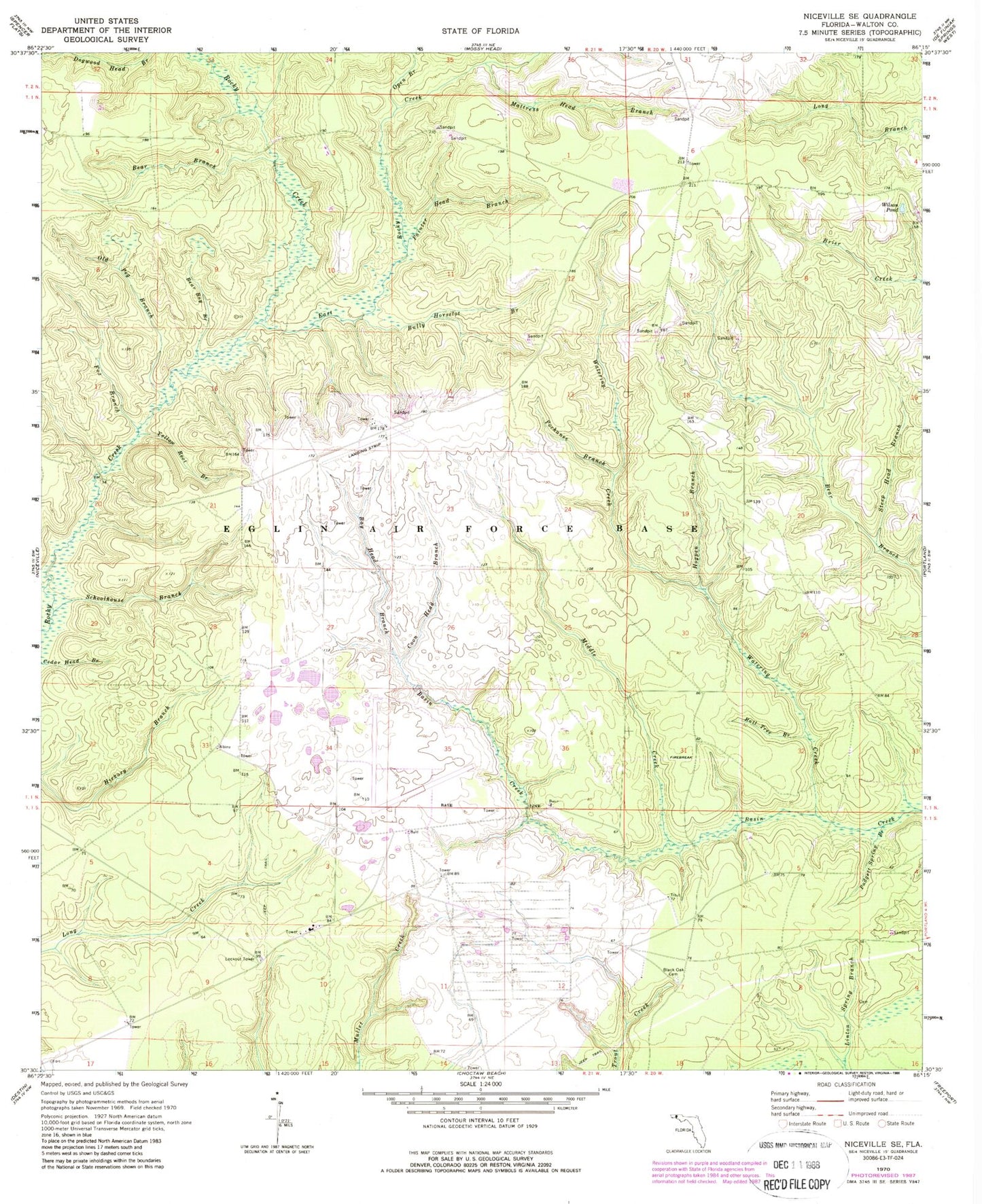 Classic USGS Niceville SE Florida 7.5'x7.5' Topo Map Image