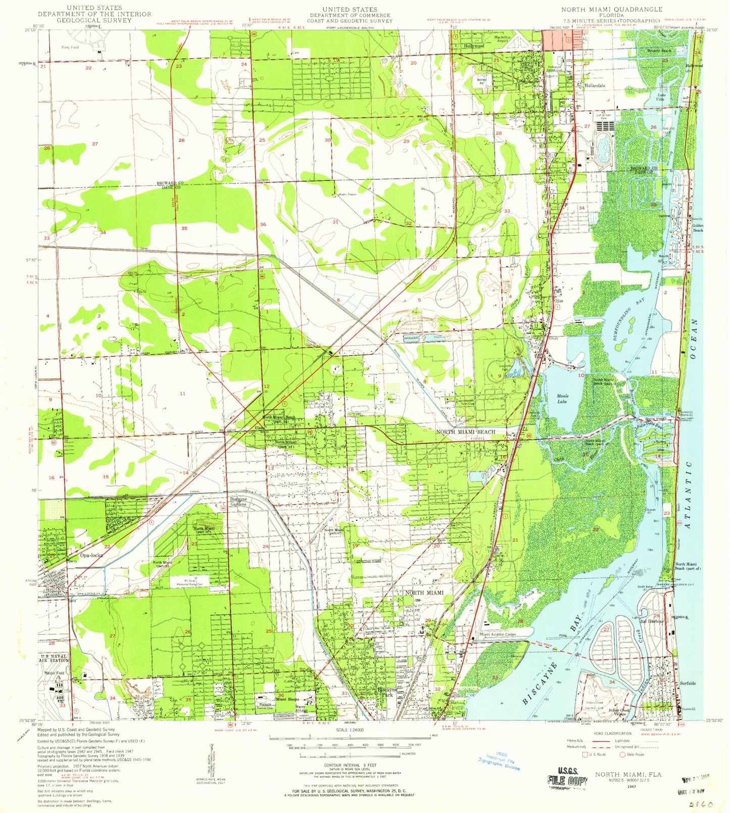 Classic USGS North Miami Florida 7.5'x7.5' Topo Map Image
