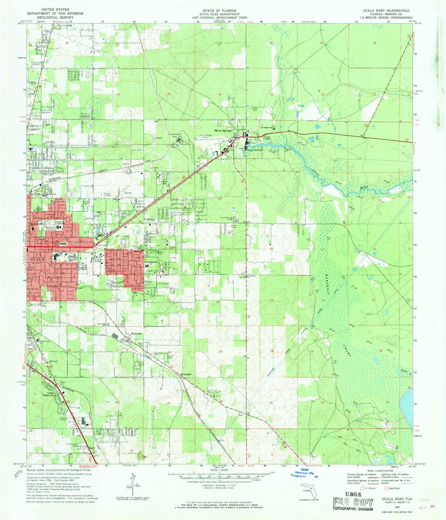 Classic USGS Ocala East Florida 7.5'x7.5' Topo Map Image
