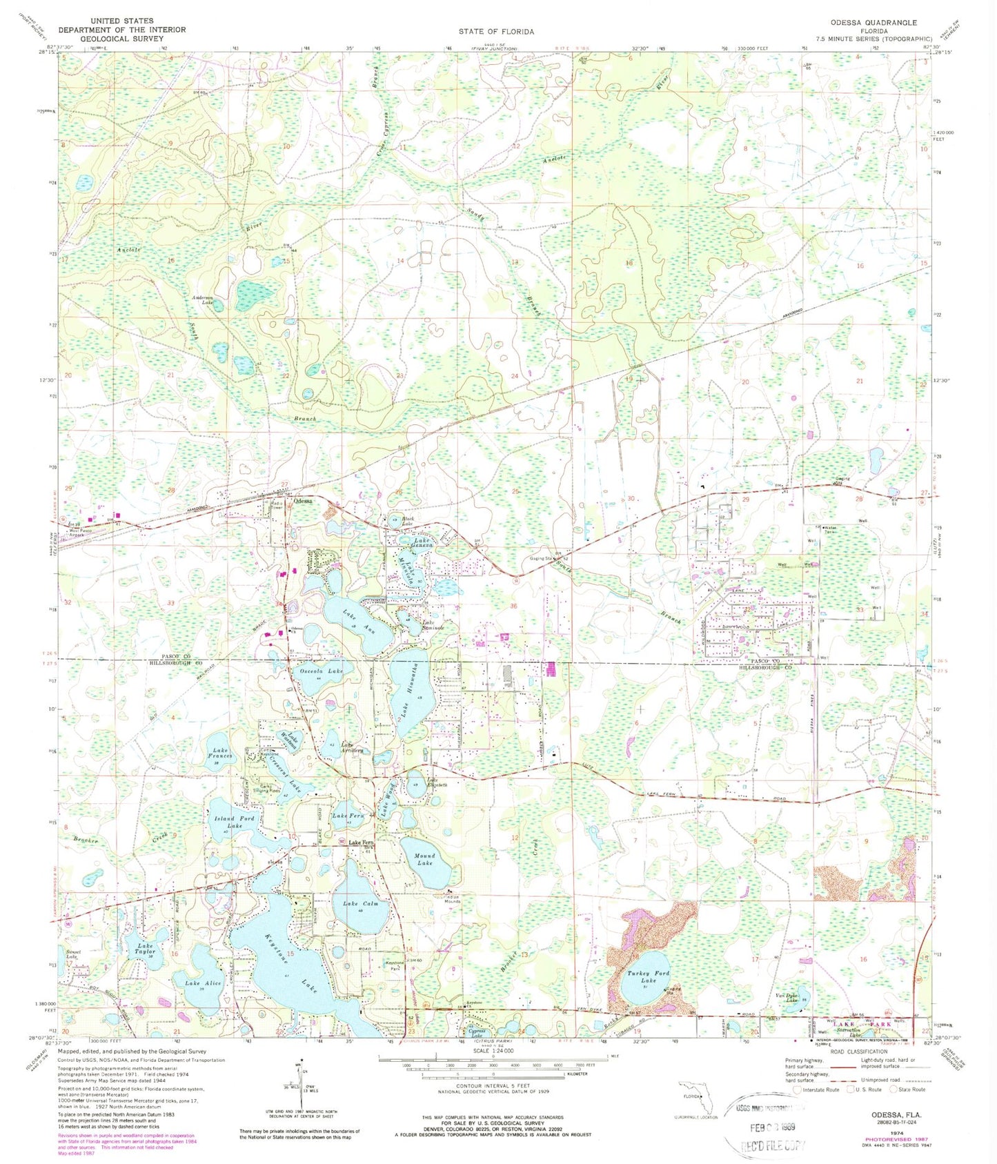 Classic USGS Odessa Florida 7.5'x7.5' Topo Map Image
