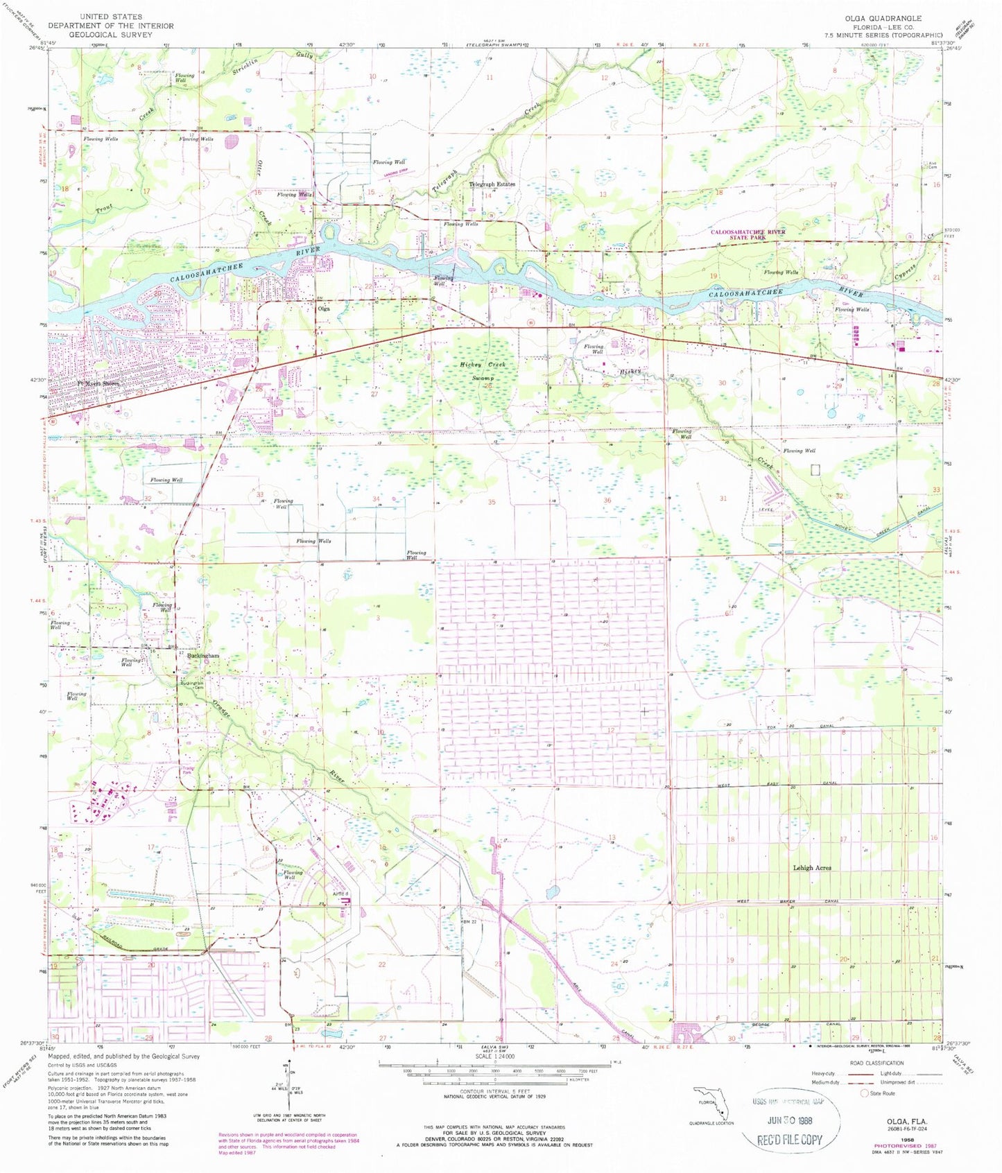 Classic USGS Olga Florida 7.5'x7.5' Topo Map Image