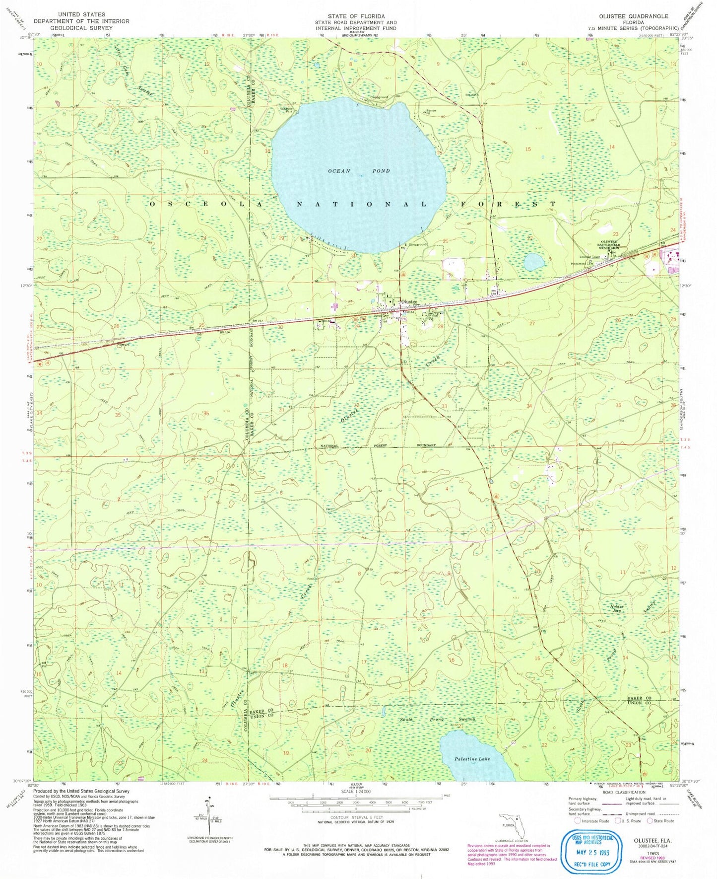 Classic USGS Olustee Florida 7.5'x7.5' Topo Map Image