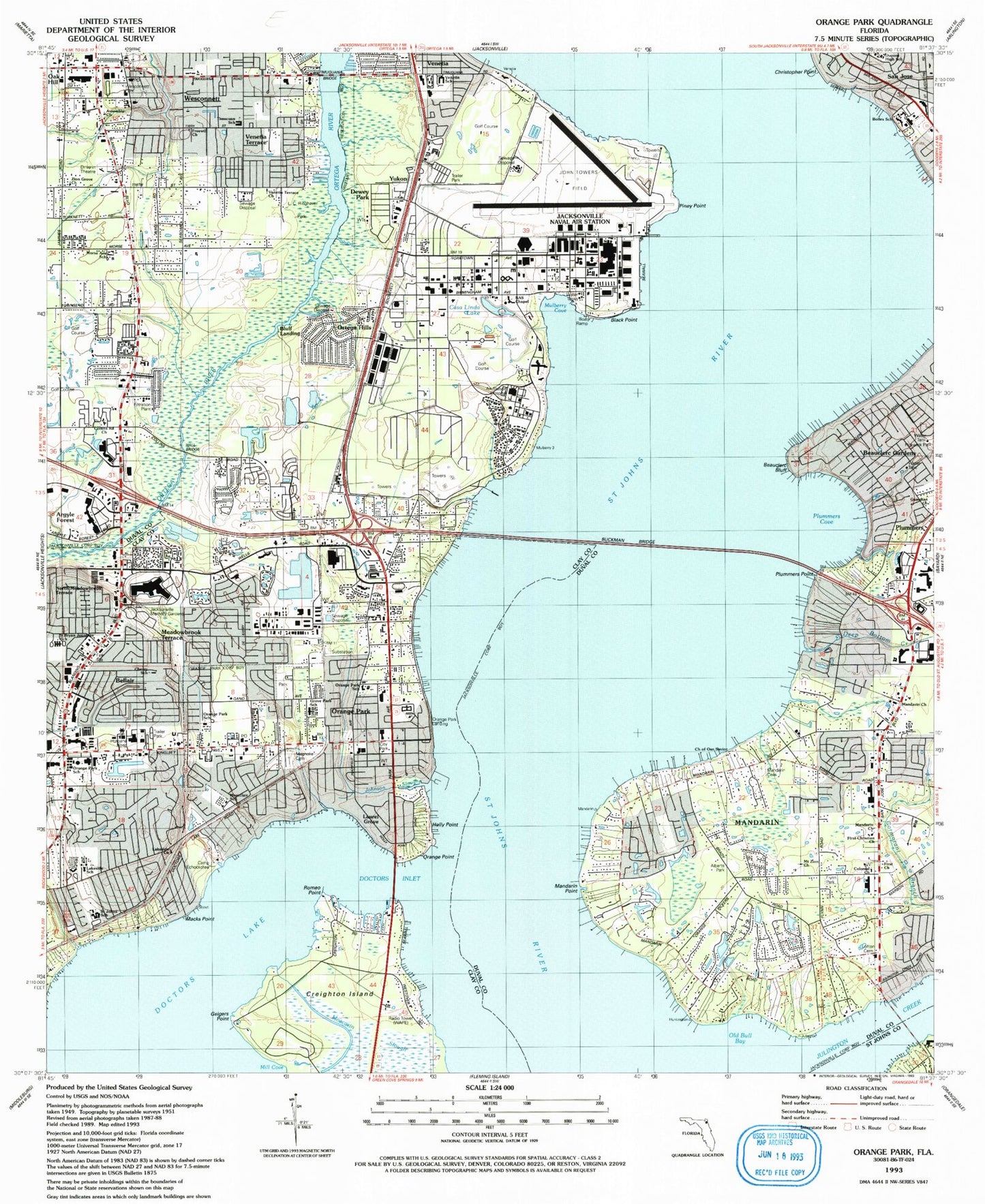 Classic USGS Orange Park Florida 7.5'x7.5' Topo Map Image