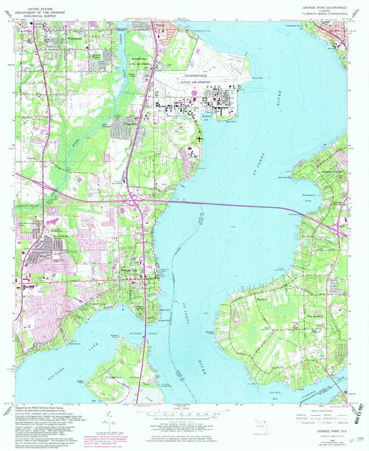 Classic USGS Orange Park Florida 7.5'x7.5' Topo Map Image