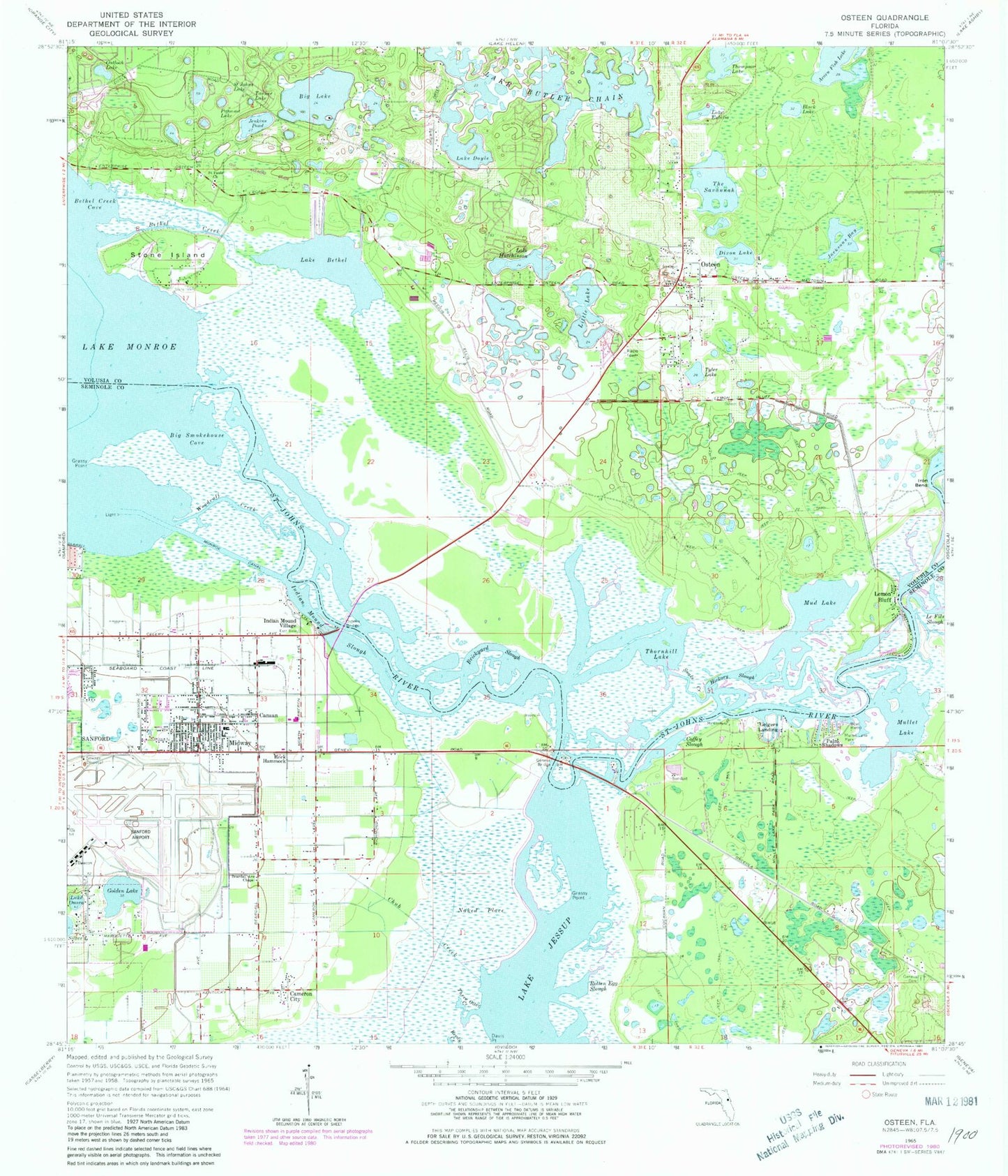 Classic USGS Osteen Florida 7.5'x7.5' Topo Map Image