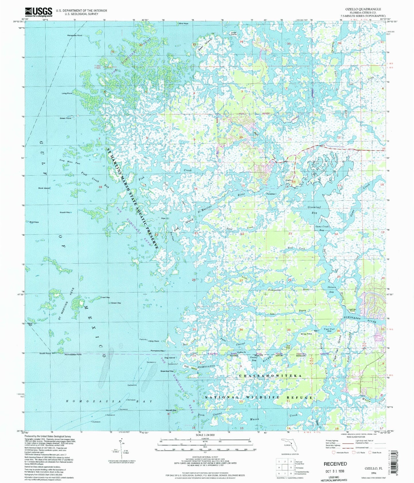 Classic USGS Ozello Florida 7.5'x7.5' Topo Map Image