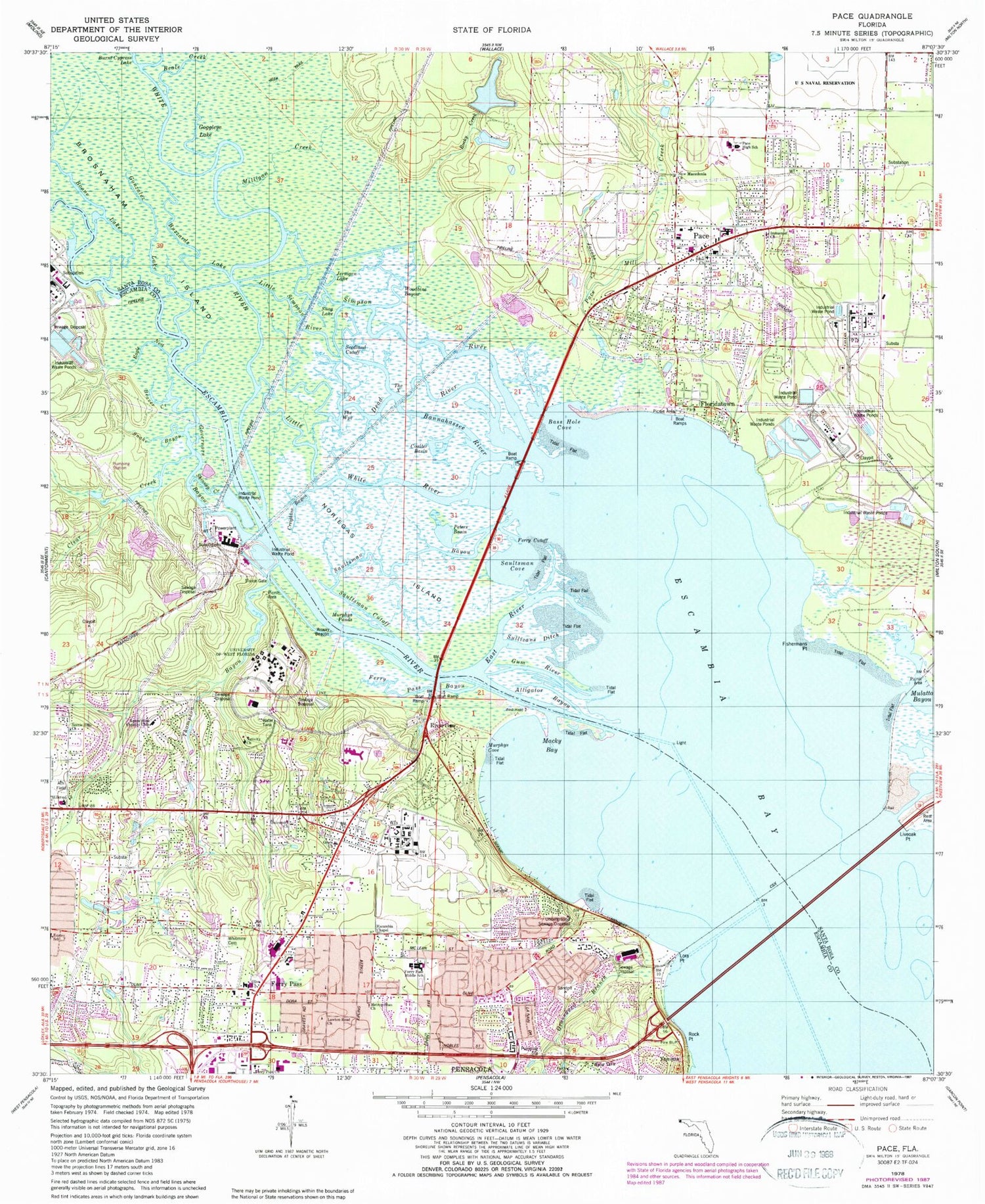 Classic USGS Pace Florida 7.5'x7.5' Topo Map Image