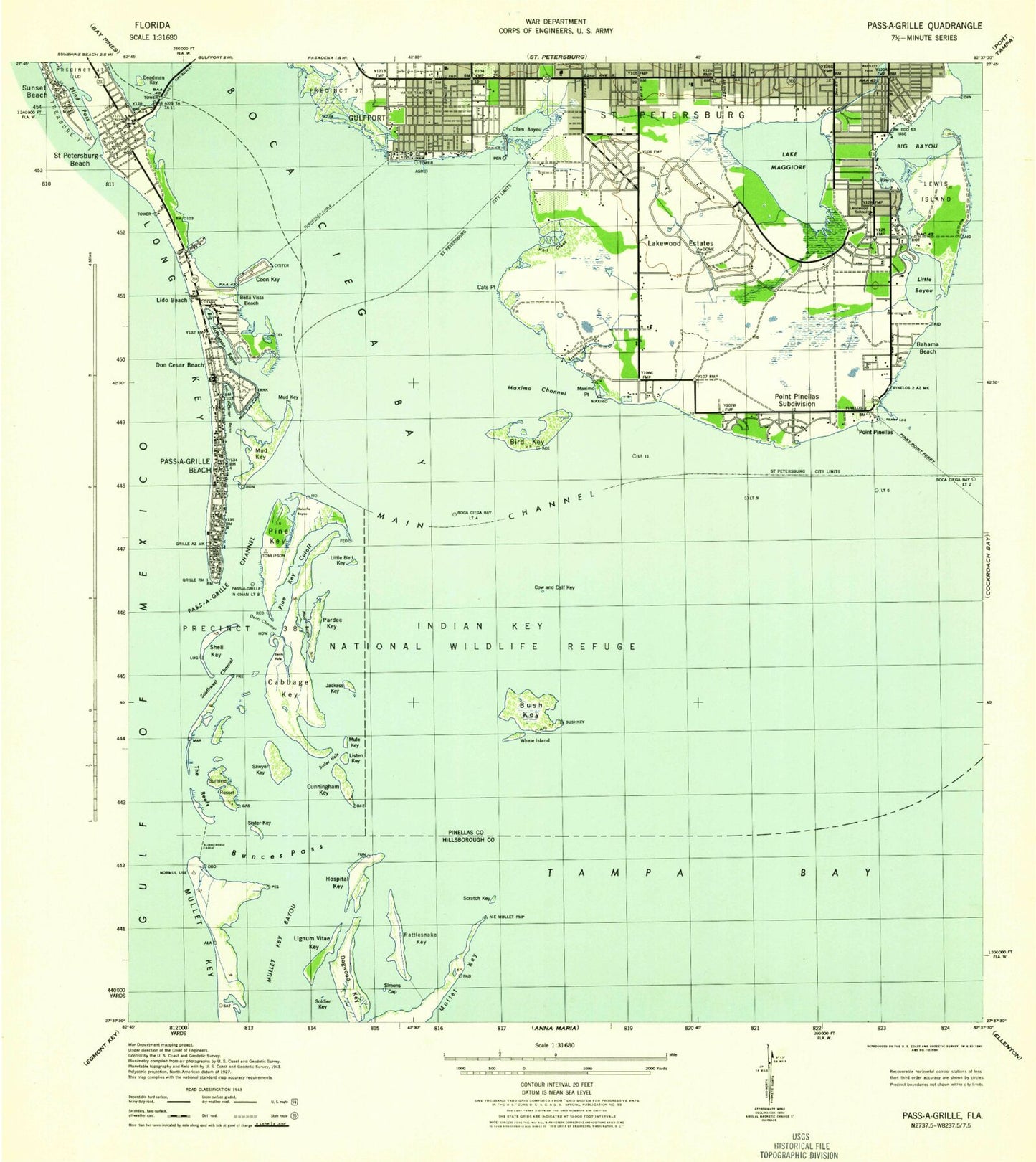 Classic USGS Pass-a-Grille Beach Florida 7.5'x7.5' Topo Map Image
