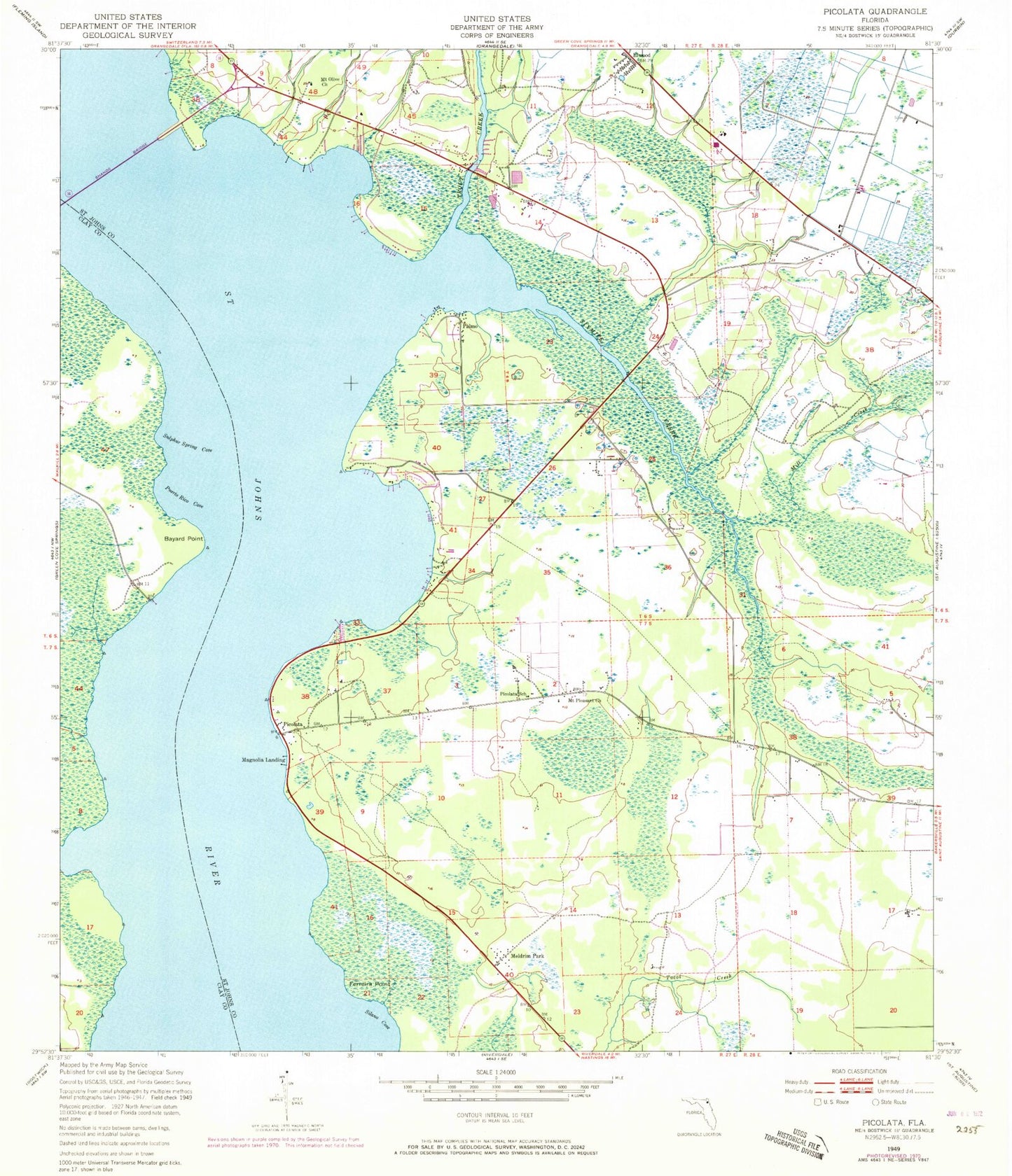 Classic USGS Picolata Florida 7.5'x7.5' Topo Map Image