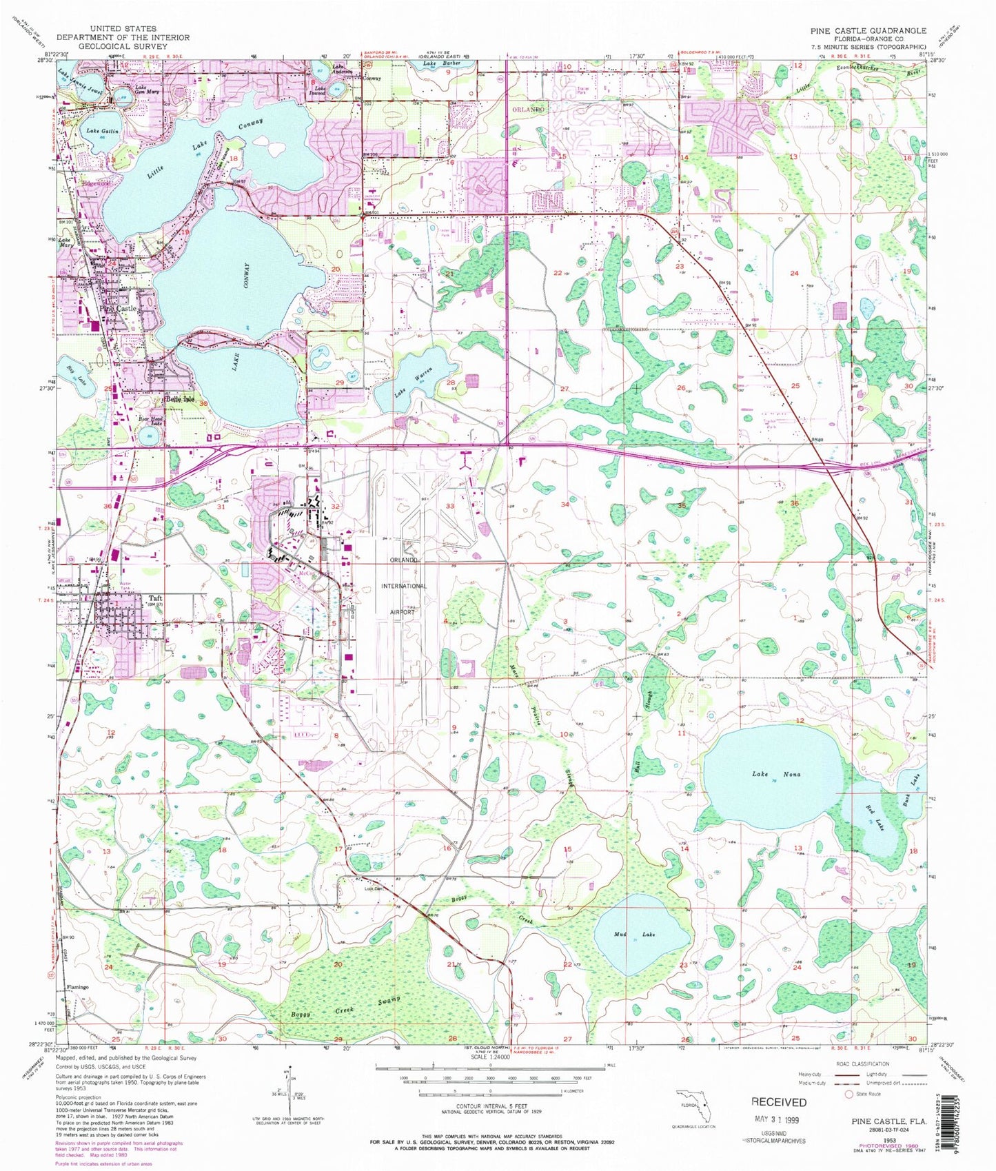 Classic USGS Pine Castle Florida 7.5'x7.5' Topo Map Image