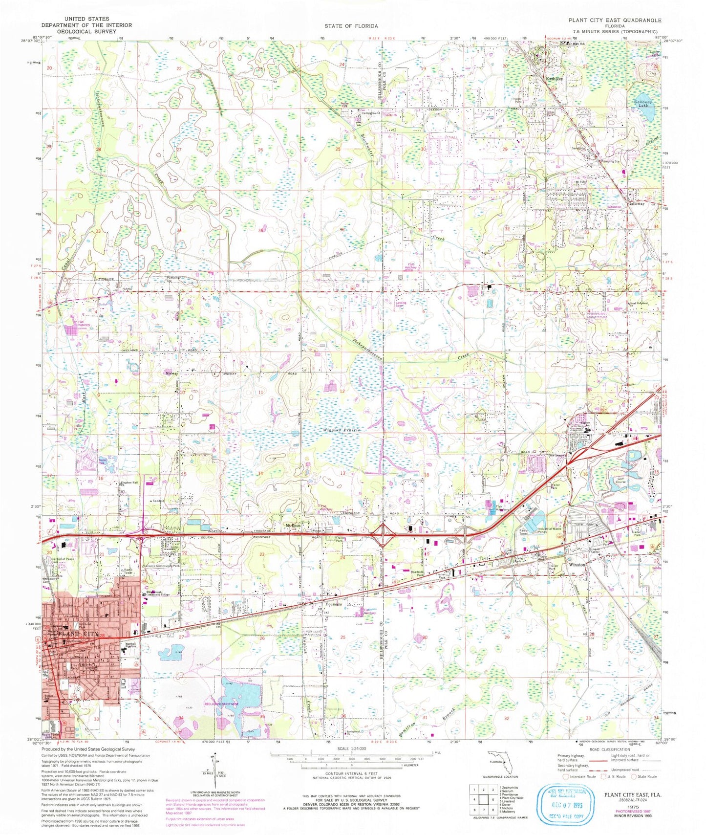 Classic USGS Plant City East Florida 7.5'x7.5' Topo Map Image