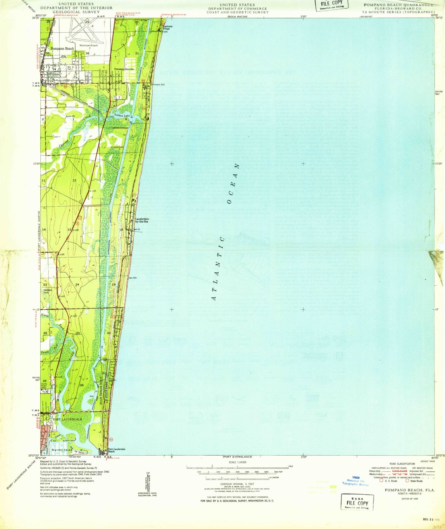 Classic USGS Pompano Beach Florida 7.5'x7.5' Topo Map Image