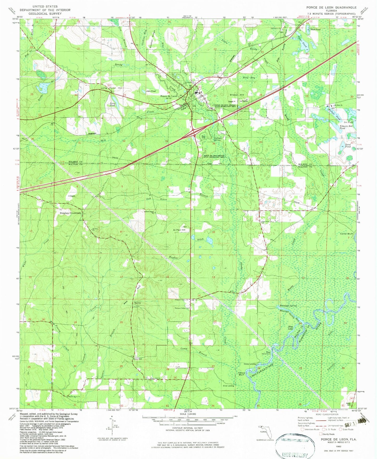Classic USGS Ponce de Leon Florida 7.5'x7.5' Topo Map Image
