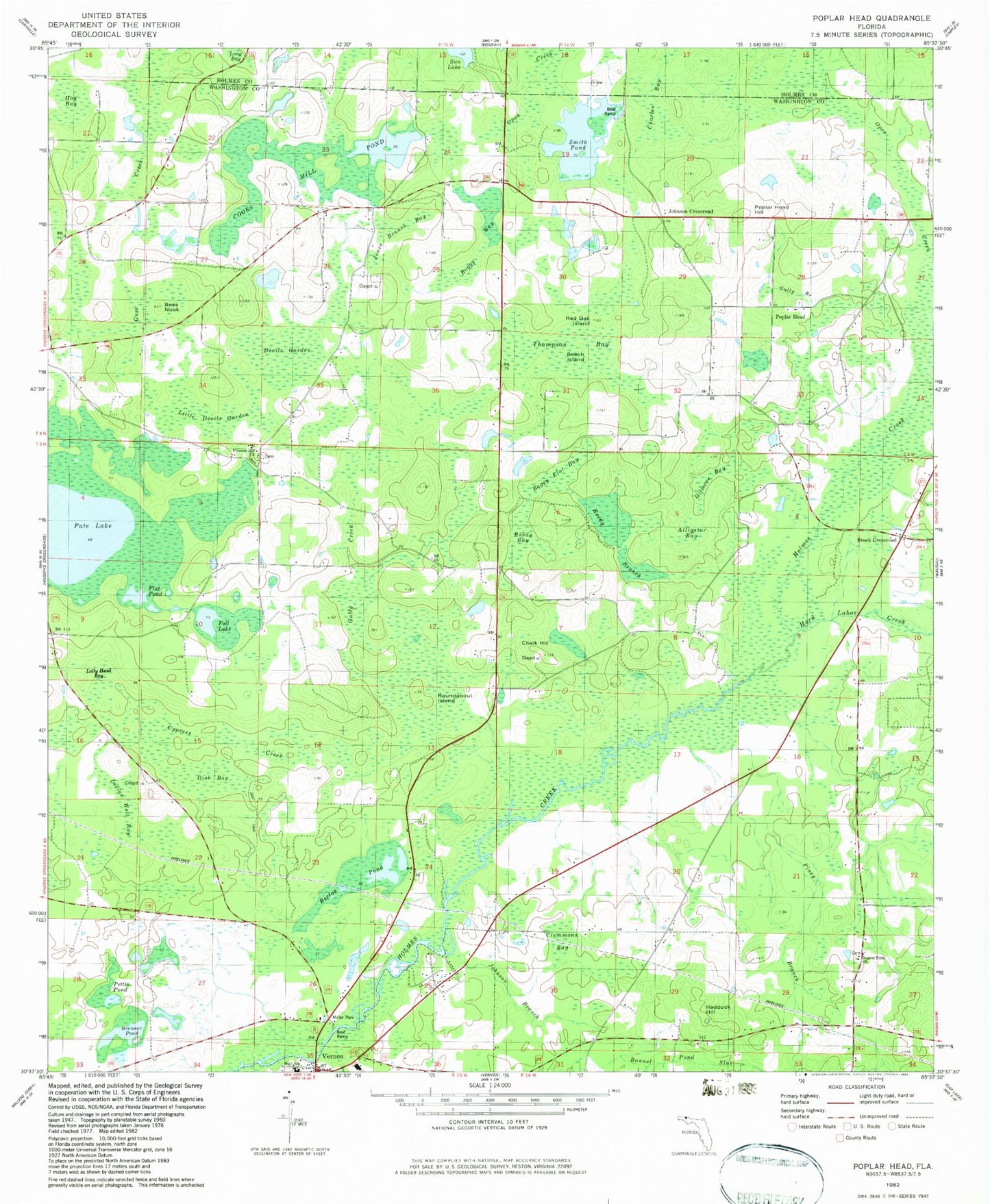Classic USGS Poplar Head Florida 7.5'x7.5' Topo Map Image