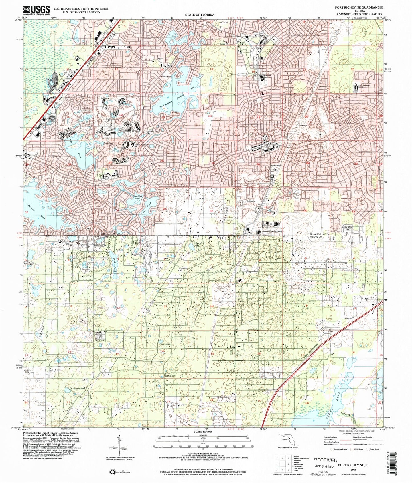 Classic USGS Port Richey NE Florida 7.5'x7.5' Topo Map Image