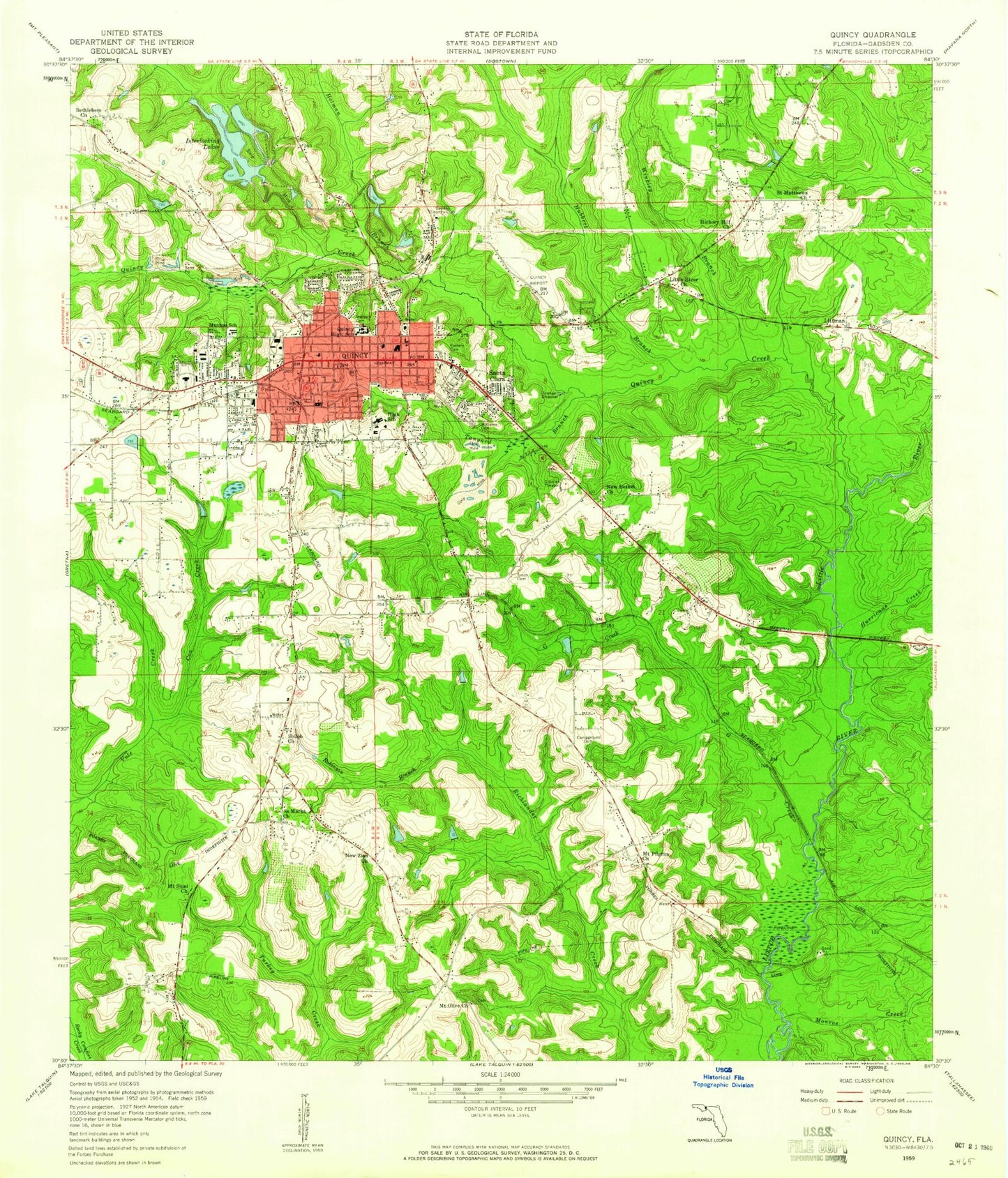 Classic USGS Quincy Florida 7.5'x7.5' Topo Map Image