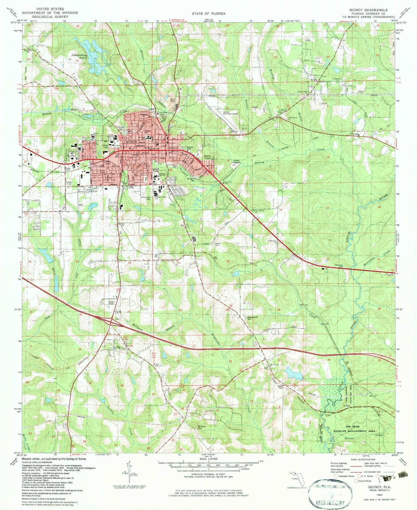 Classic USGS Quincy Florida 7.5'x7.5' Topo Map Image