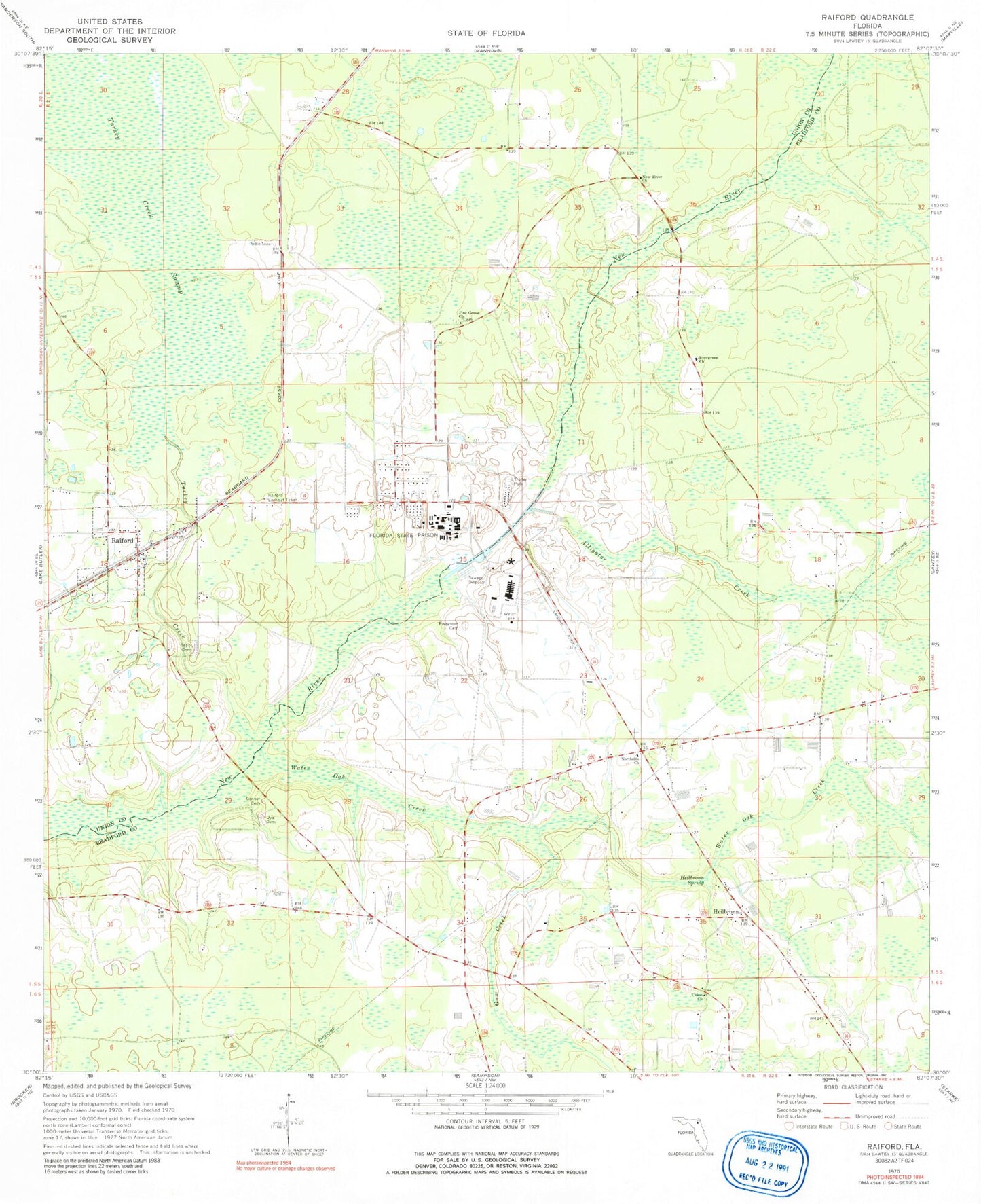 Classic USGS Raiford Florida 7.5'x7.5' Topo Map Image
