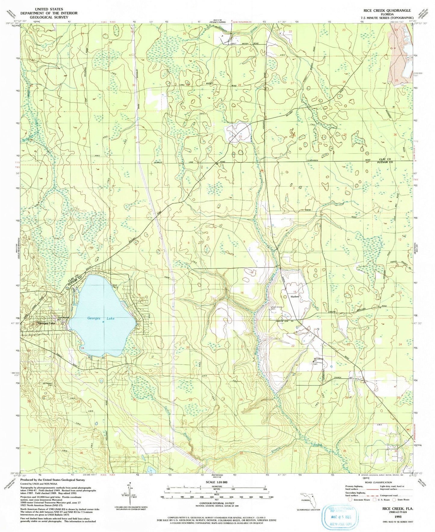 Classic USGS Rice Creek Florida 7.5'x7.5' Topo Map Image