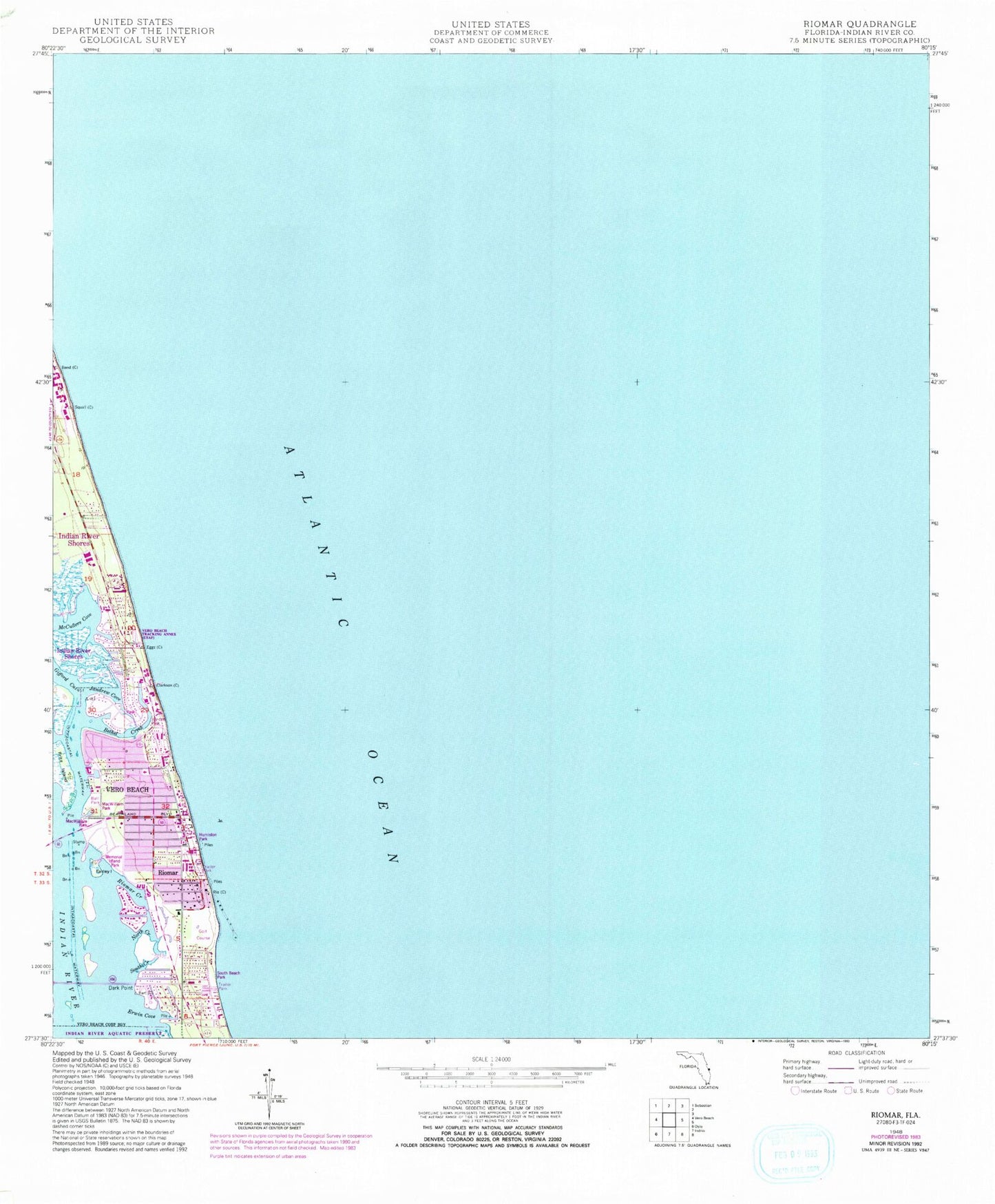 Classic USGS Riomar Florida 7.5'x7.5' Topo Map Image