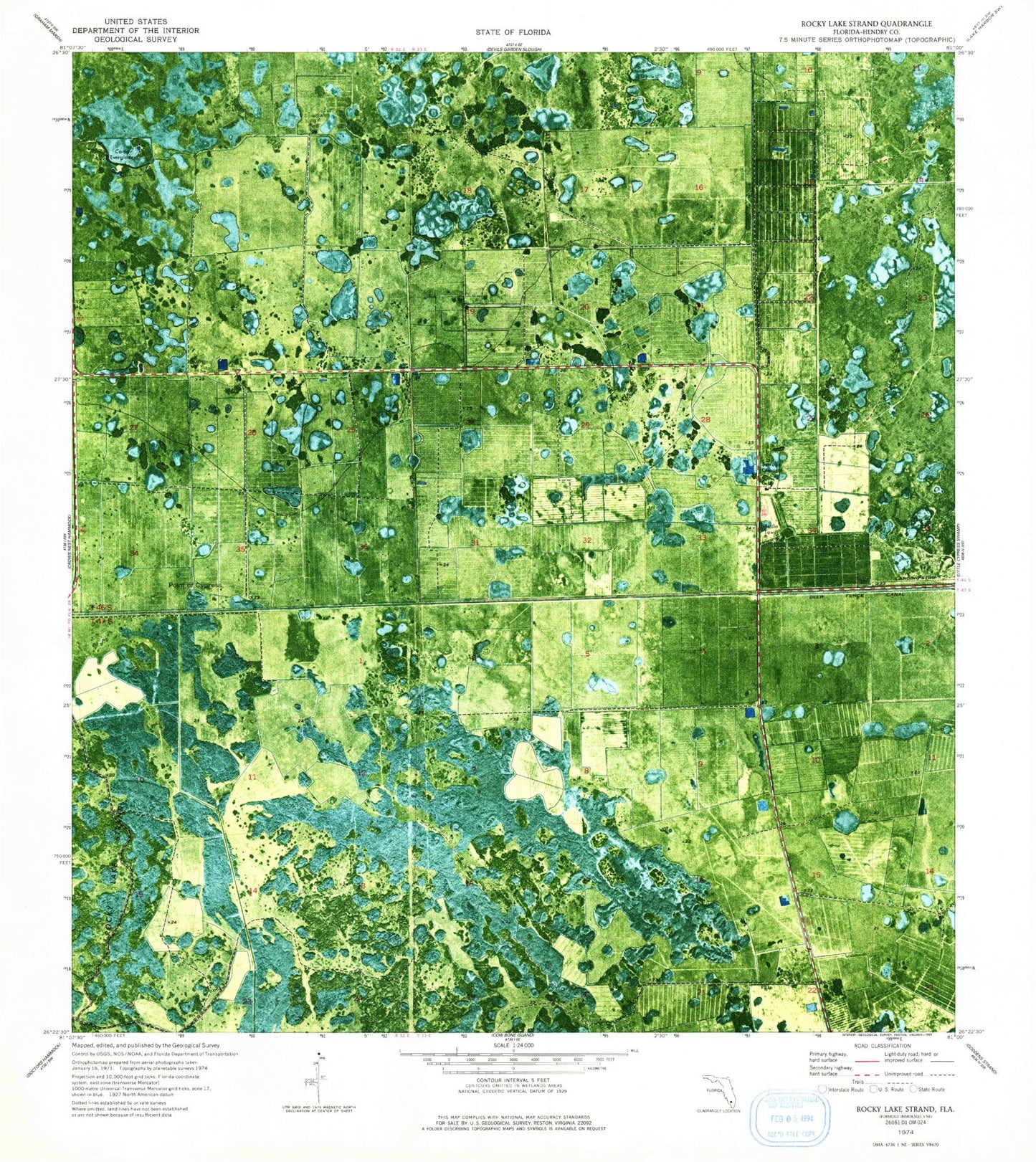 Classic USGS Rocky Lake Strand Florida 7.5'x7.5' Topo Map Image
